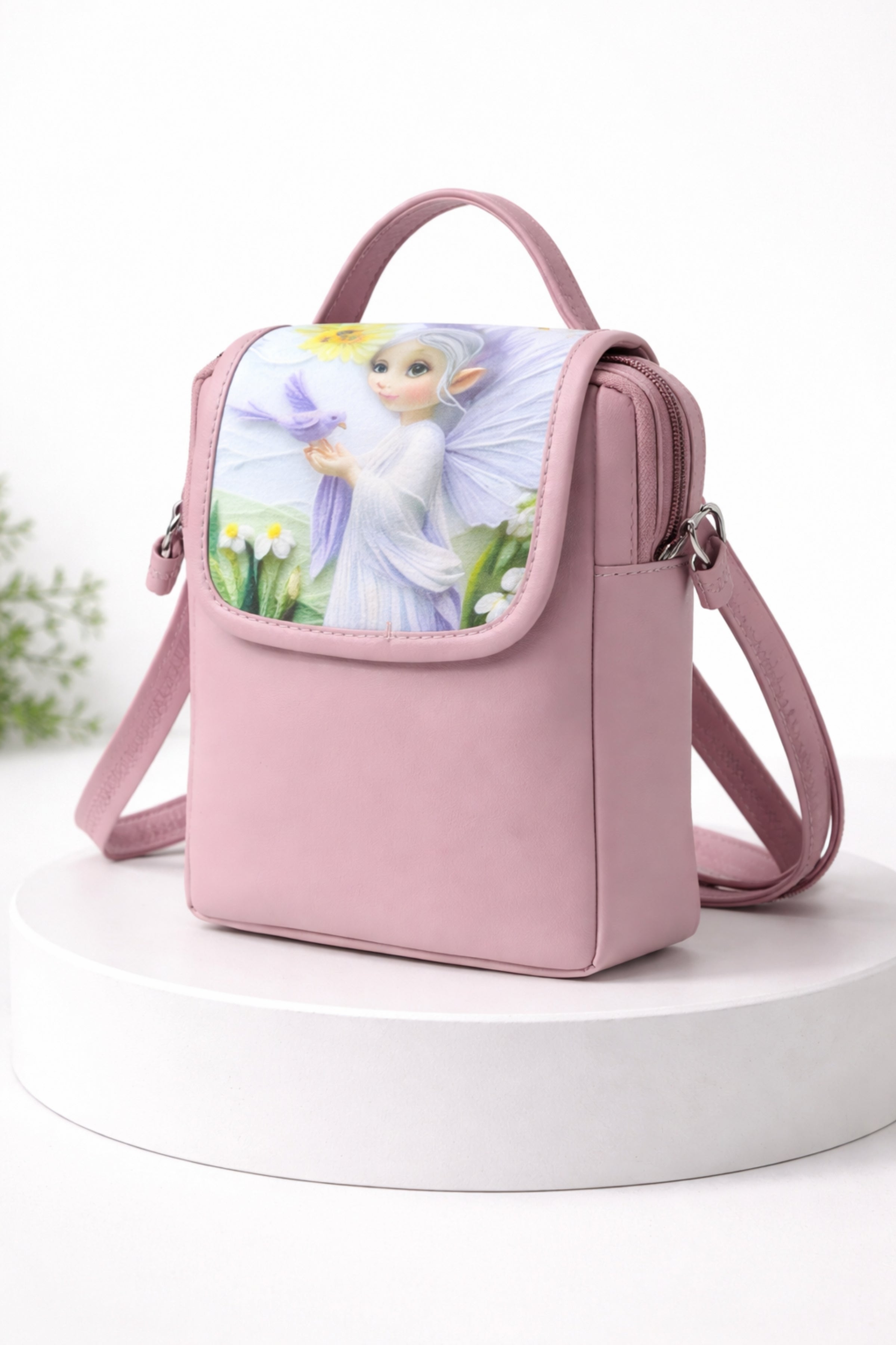 Women Pastel Pink Fairy Print Crossbody Sling Bag -Light Pink