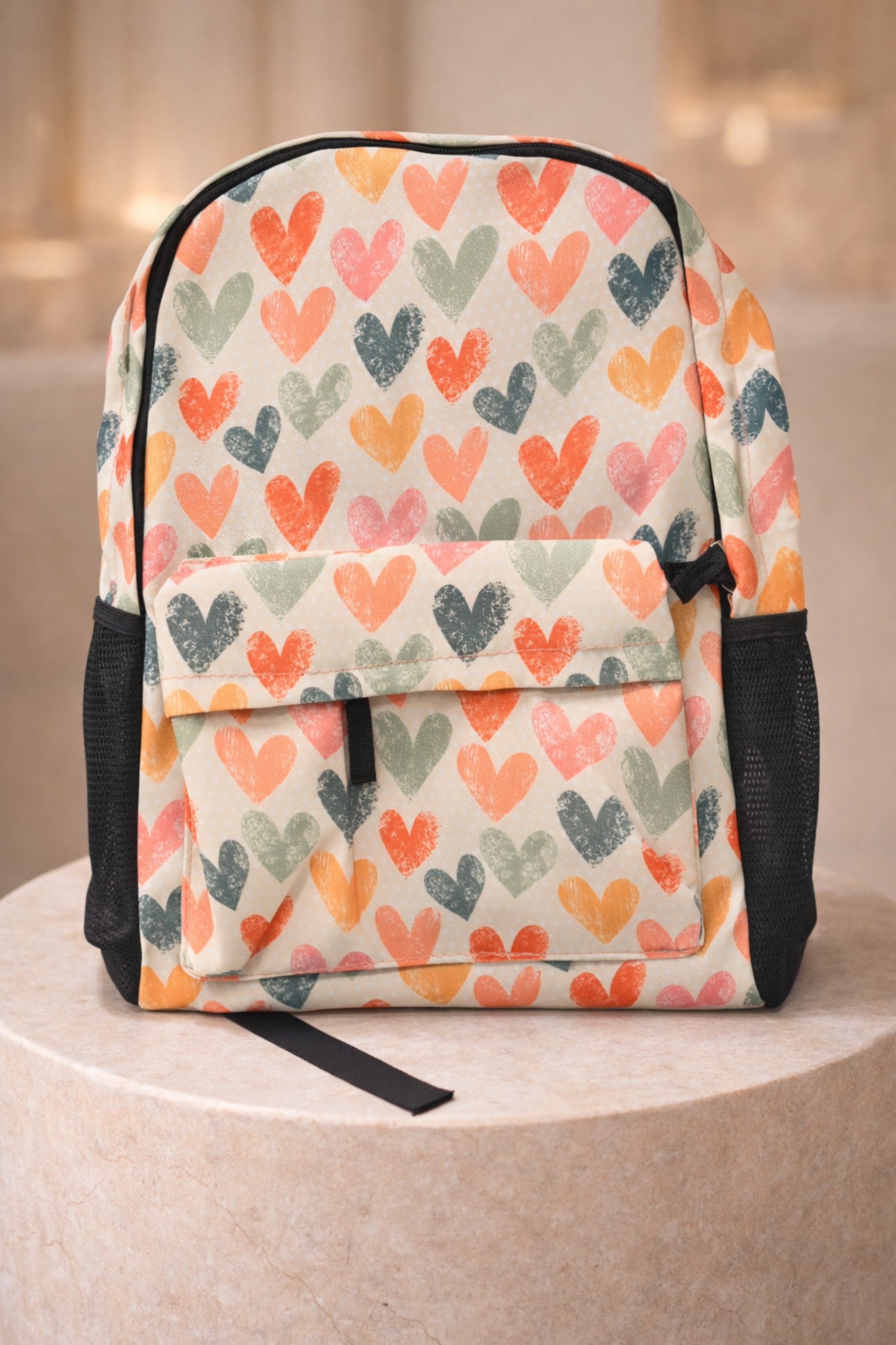Girls Off-White Multicolour Heart Print Casual Backpack with Front Zip Pocket