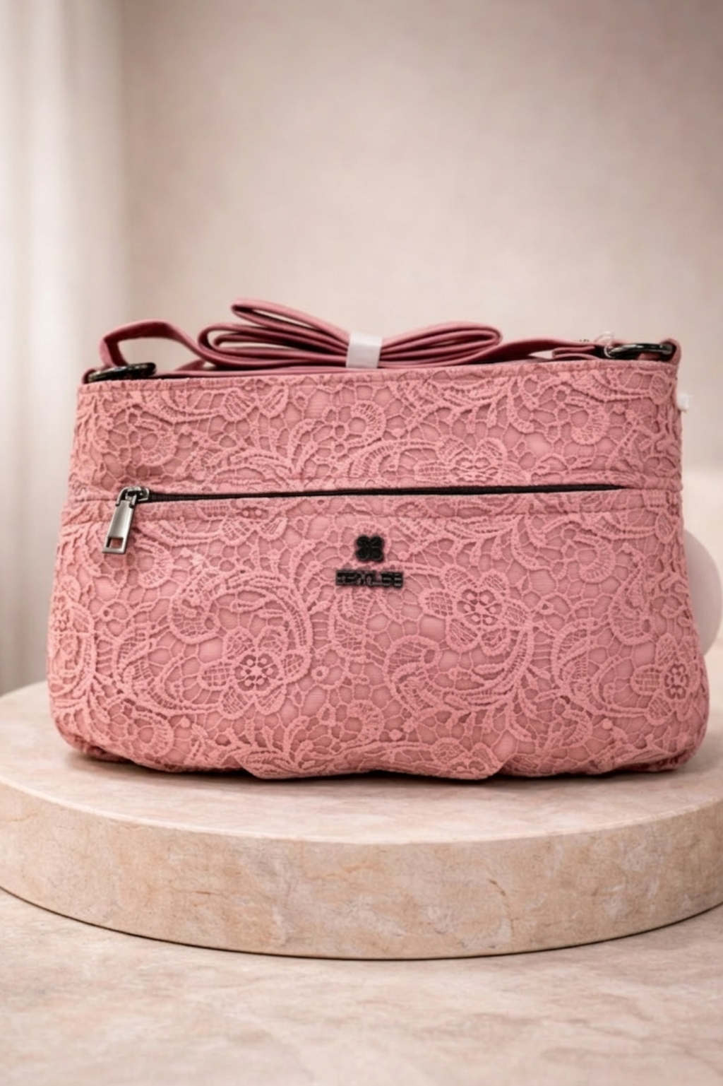 Women Beige Lace Textured Sling Bag with Zip Closure Dusky Pink