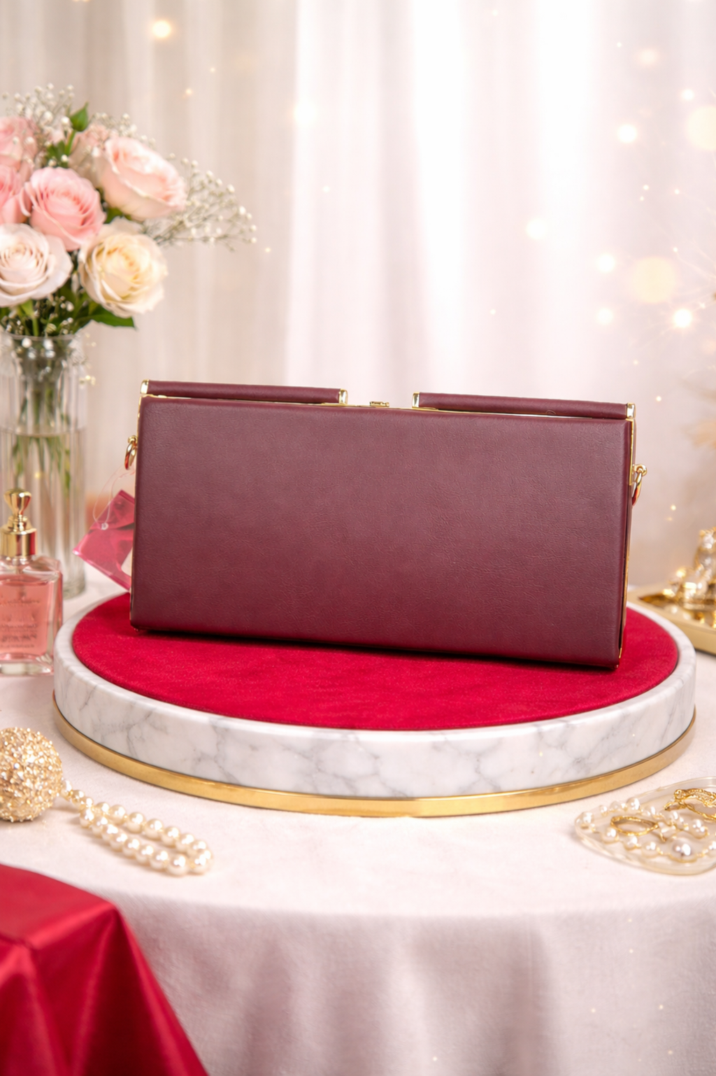 Luxury Wine Red Hard Case Evening Shoulder Bag