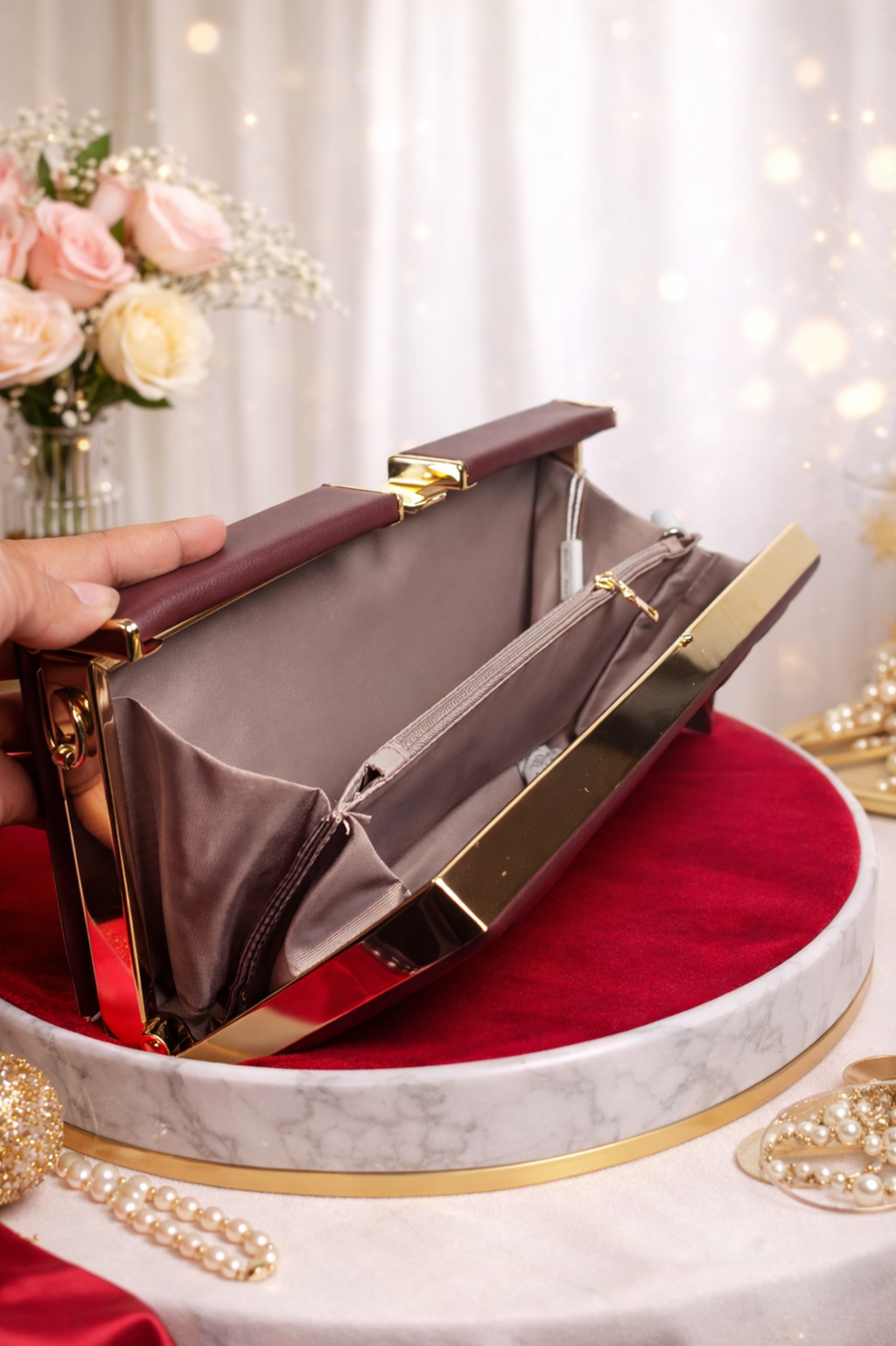 Luxury Wine Red Hard Case Evening Shoulder Bag