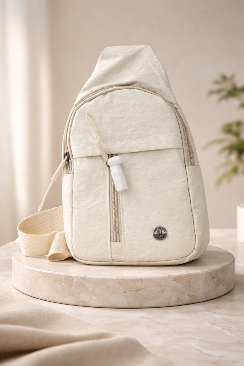 Women Cream Solid Casual Sling Backpack