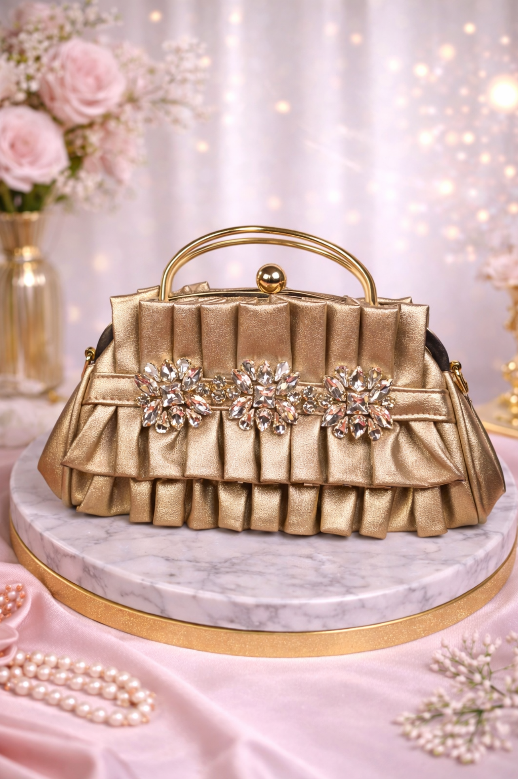 Designer Gold Bridal Clutch with Crystal Brooch & Metal Frame