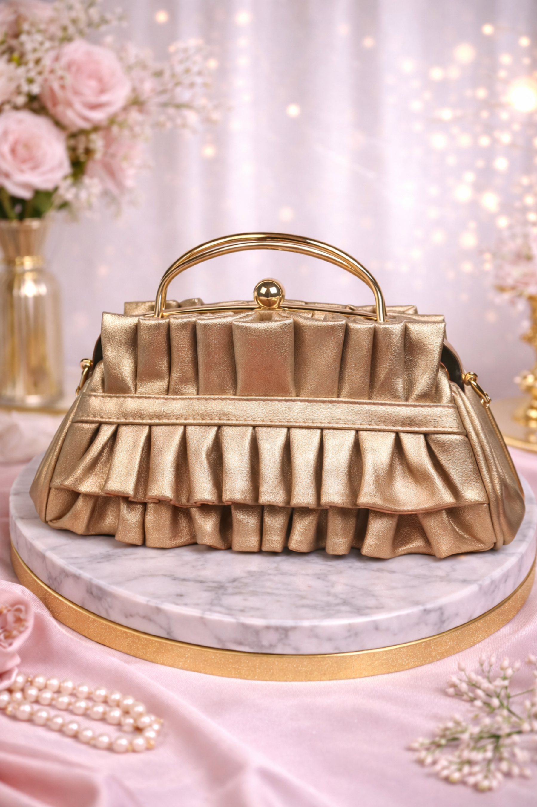 Designer Gold Bridal Clutch with Crystal Brooch & Metal Frame