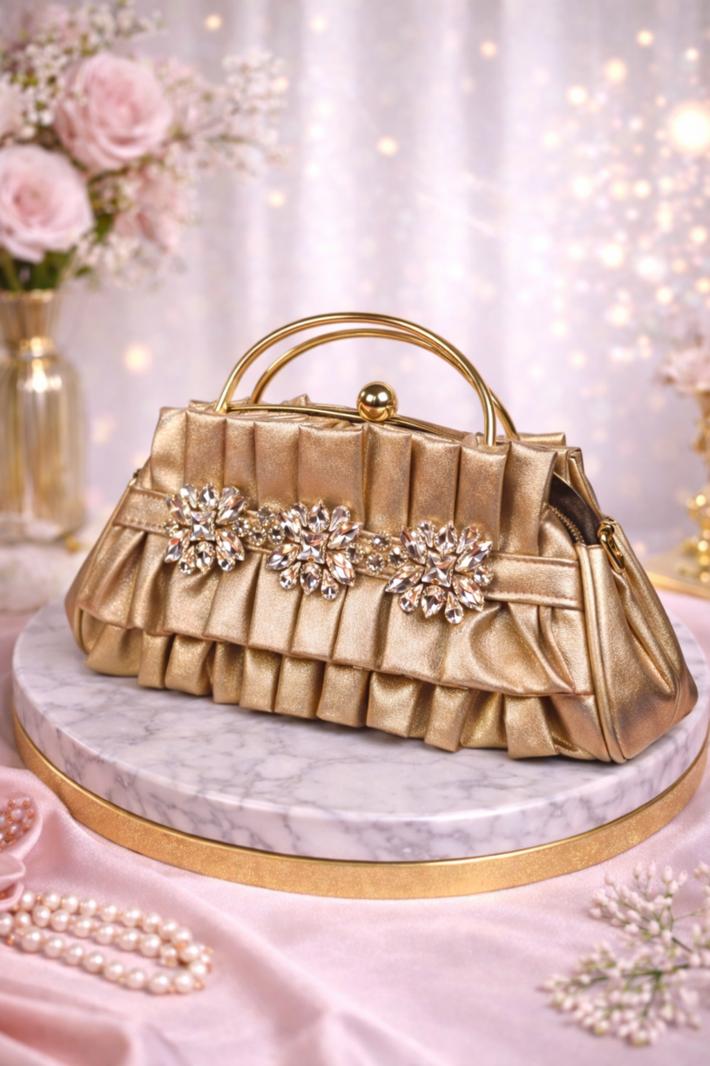 Designer Gold Bridal Clutch with Crystal Brooch & Metal Frame