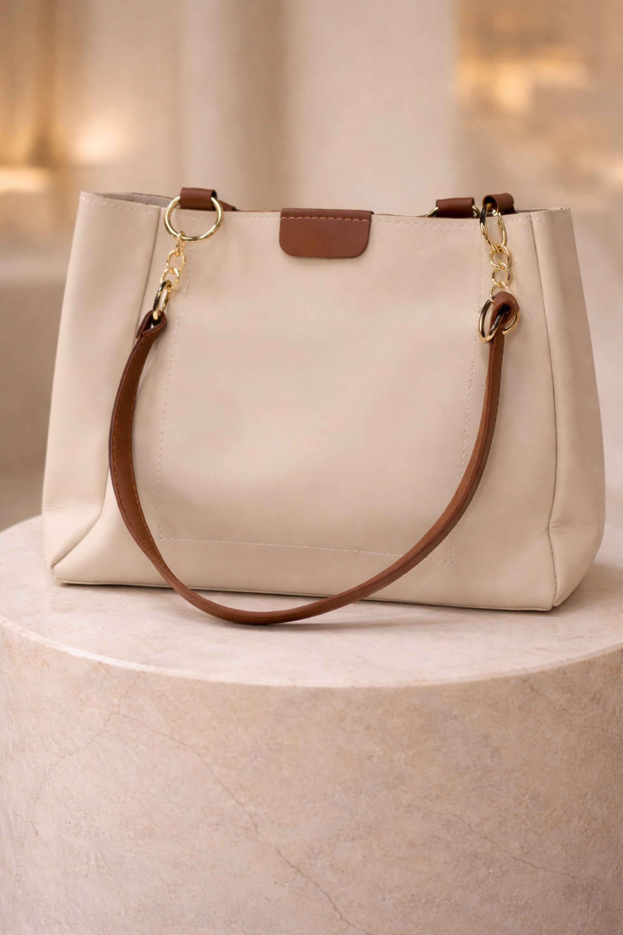 Women Cream Structured Tote Bag with Contrast Strap