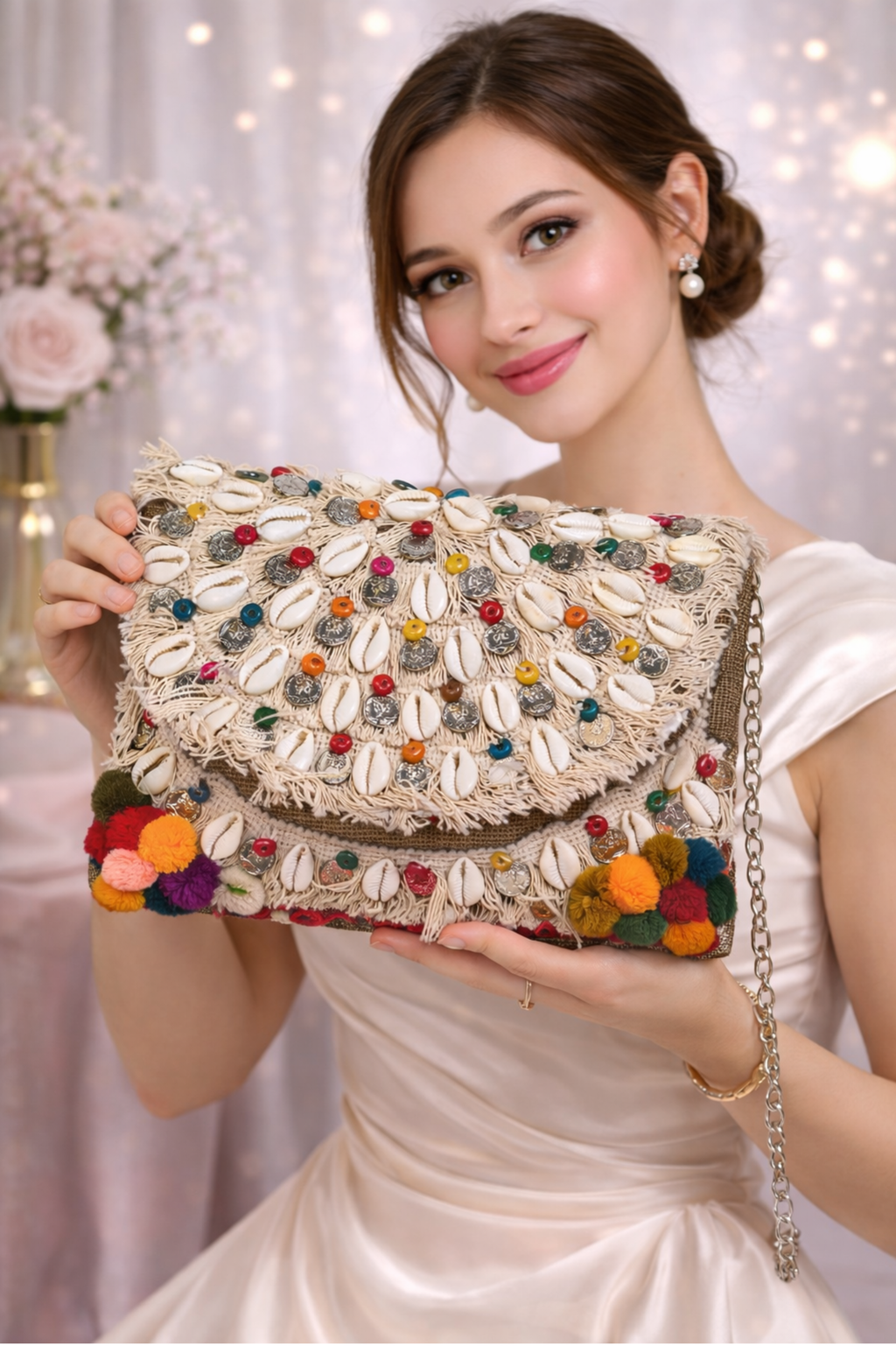 Handcrafted Cowrie Shell Fringe Crossbody Clutch