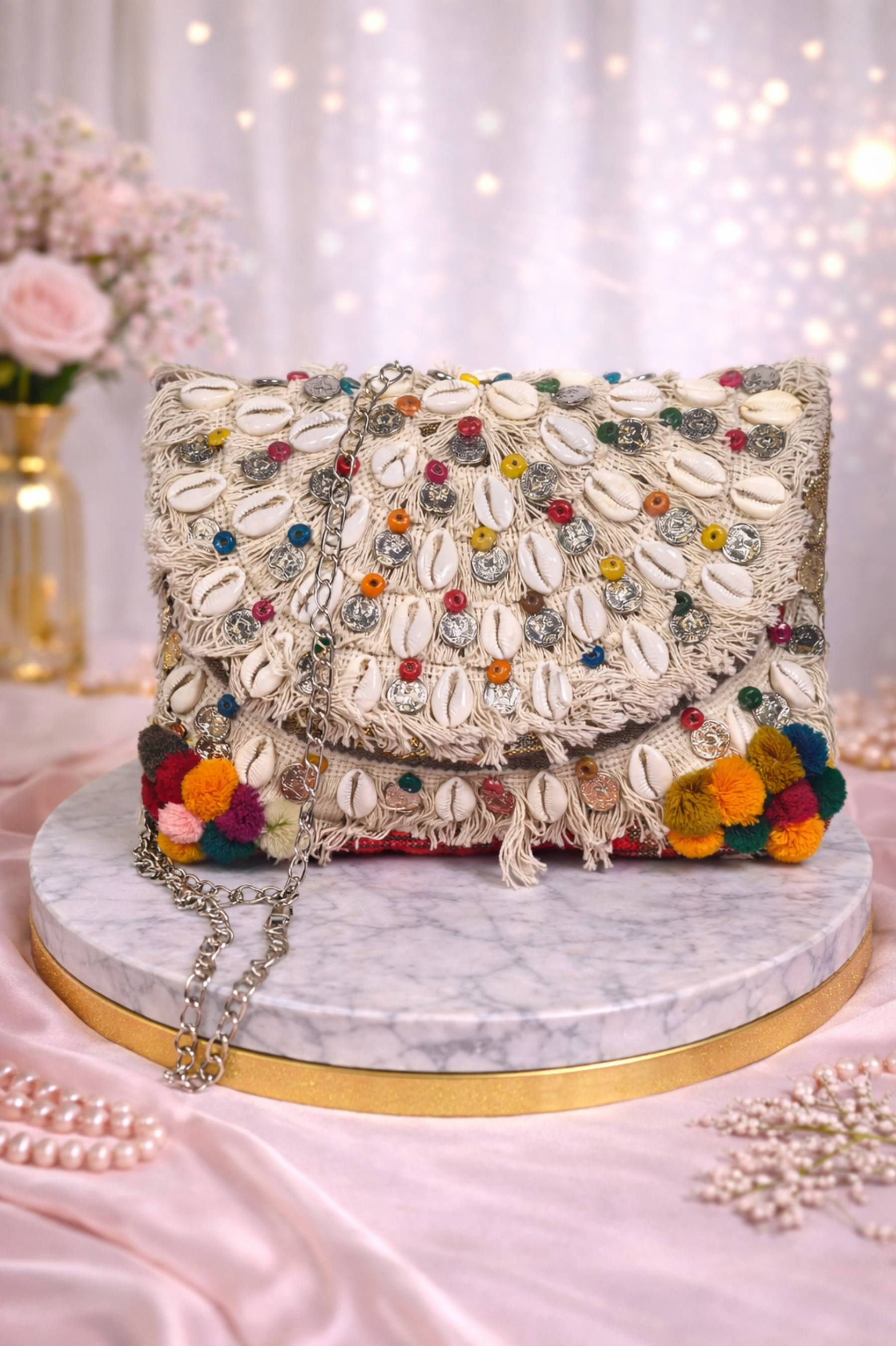 Handcrafted Cowrie Shell Fringe Crossbody Clutch