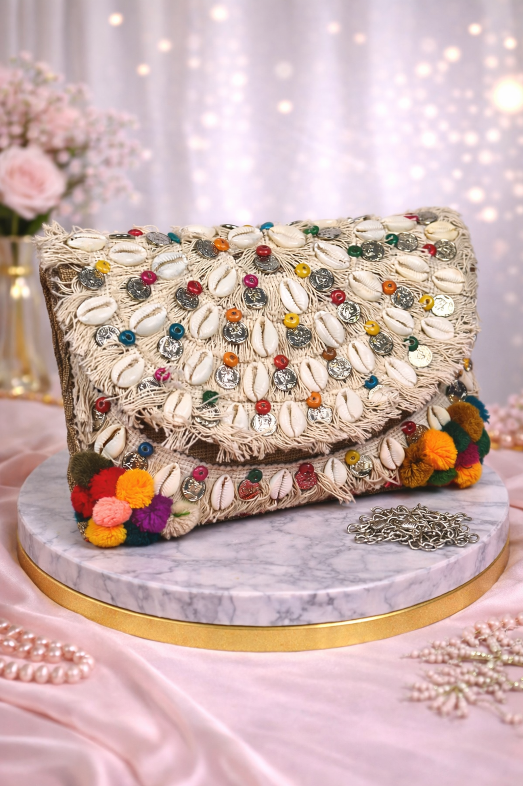 Handcrafted Cowrie Shell Fringe Crossbody Clutch