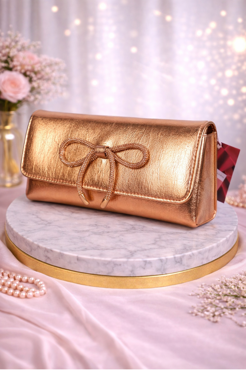 Designer Rose Gold Flap Clutch with Bow Accent for Women