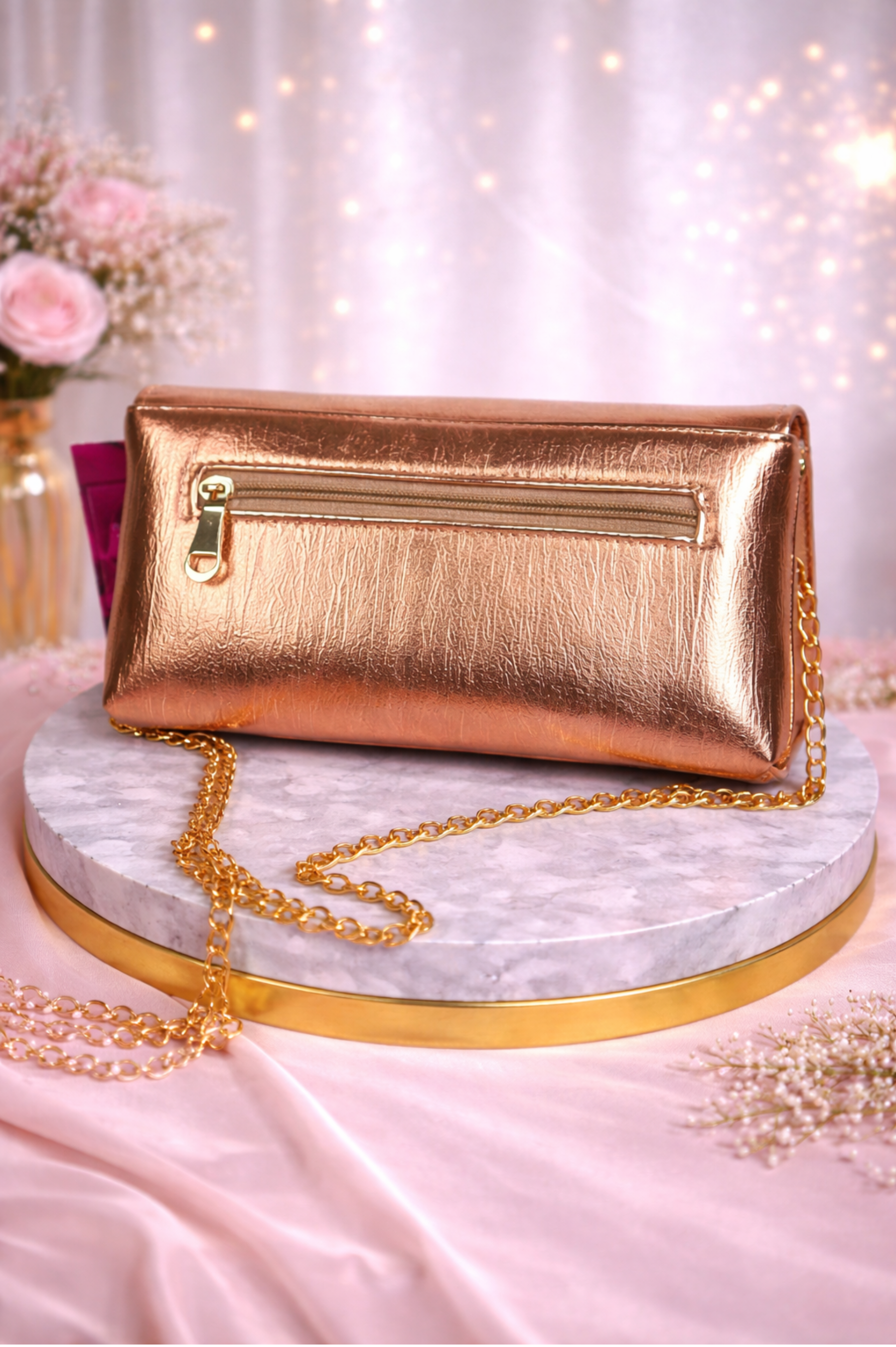 Designer Rose Gold Flap Clutch with Bow Accent for Women