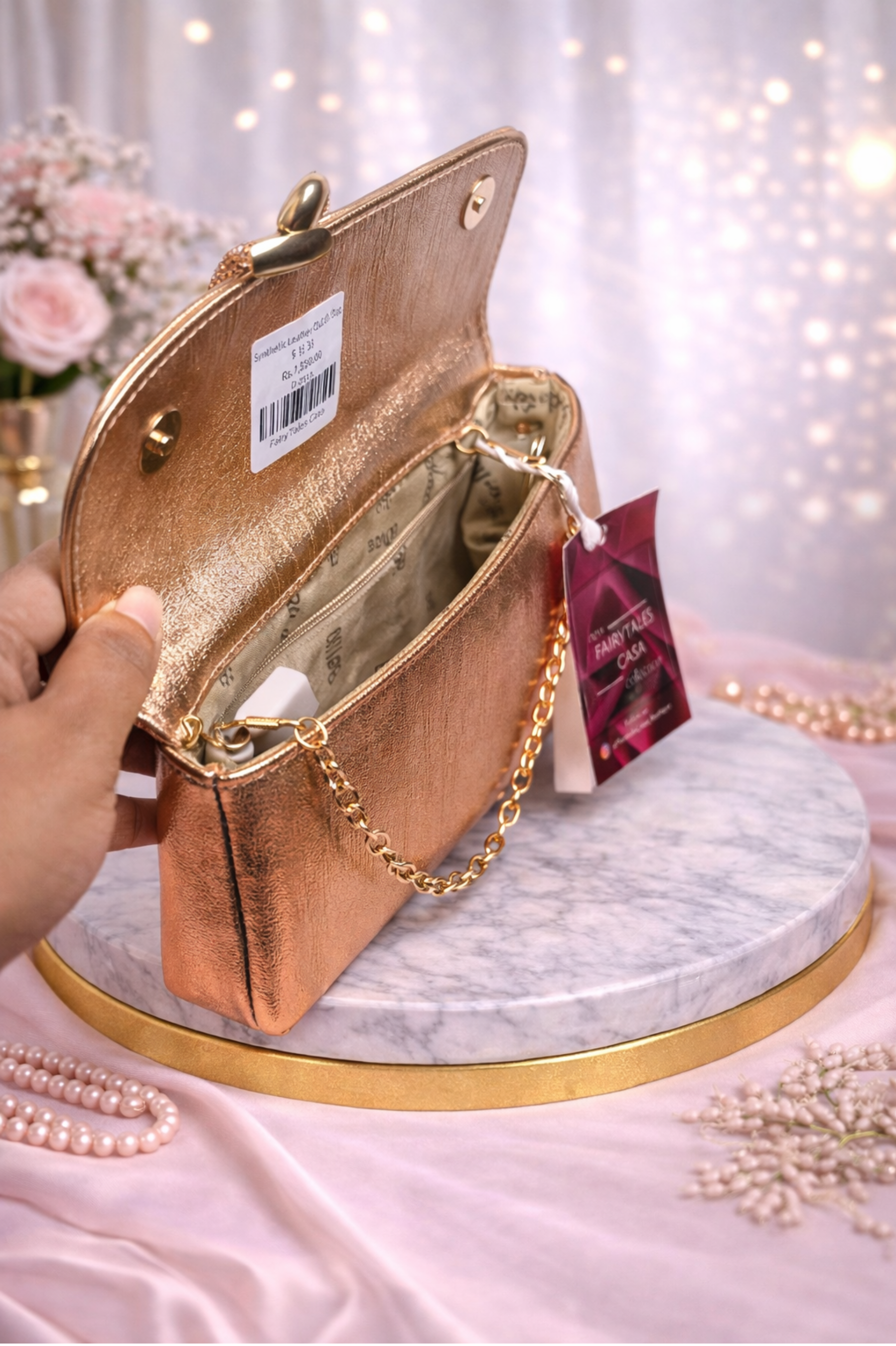 Designer Rose Gold Flap Clutch with Bow Accent for Women