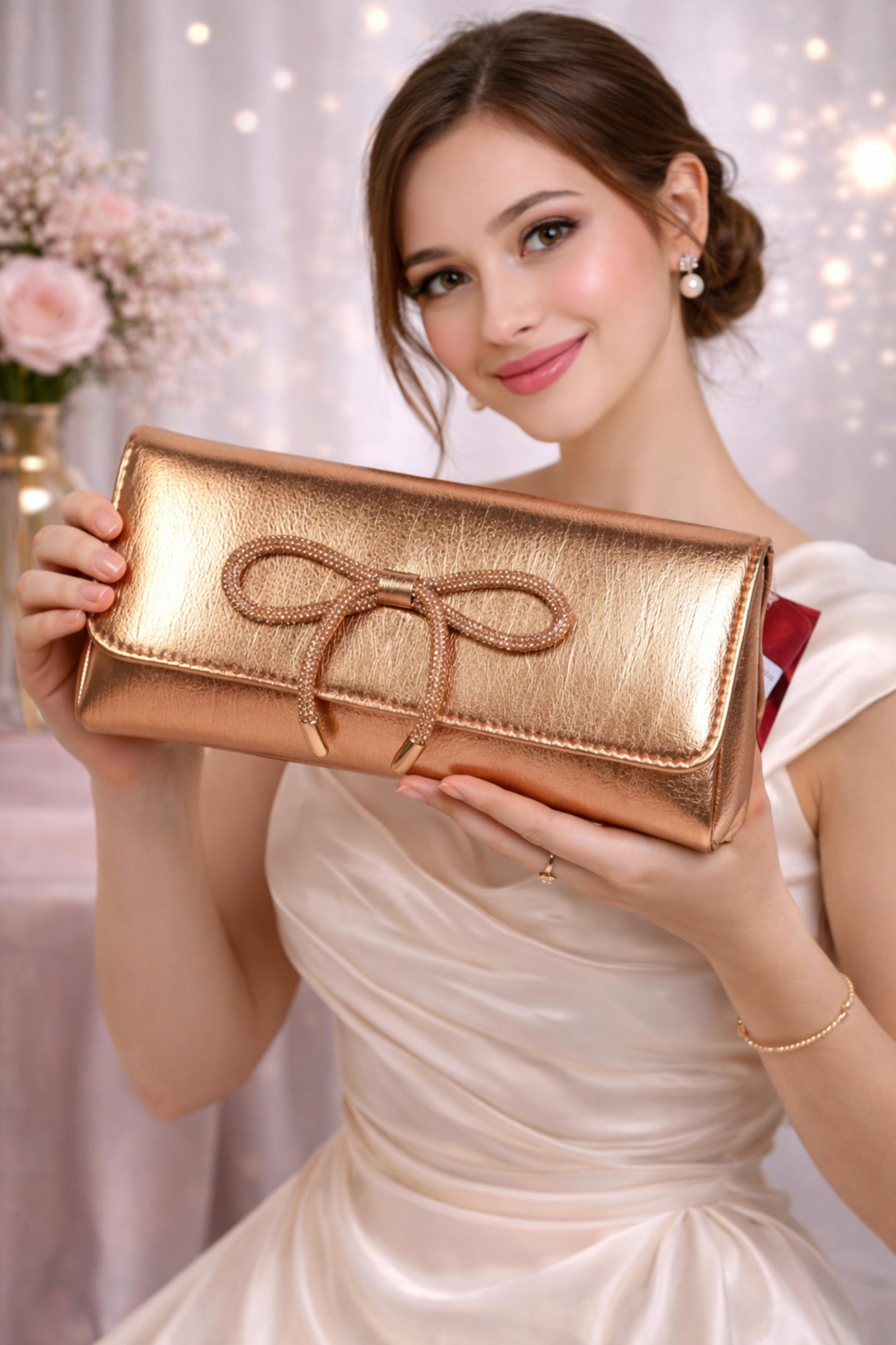 Designer Rose Gold Flap Clutch with Bow Accent for Women