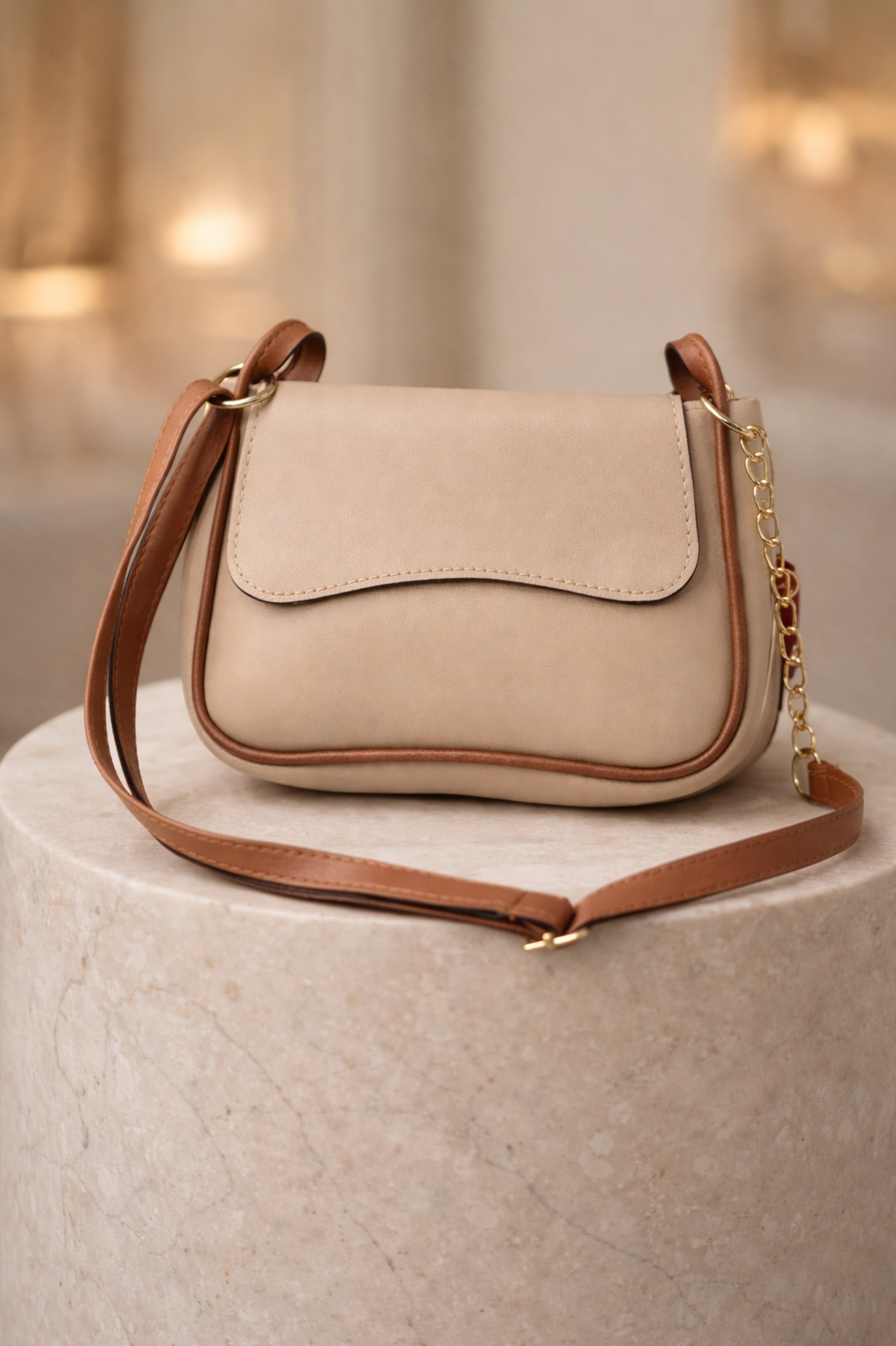Women Beige Flap Closure Shoulder Sling Bag