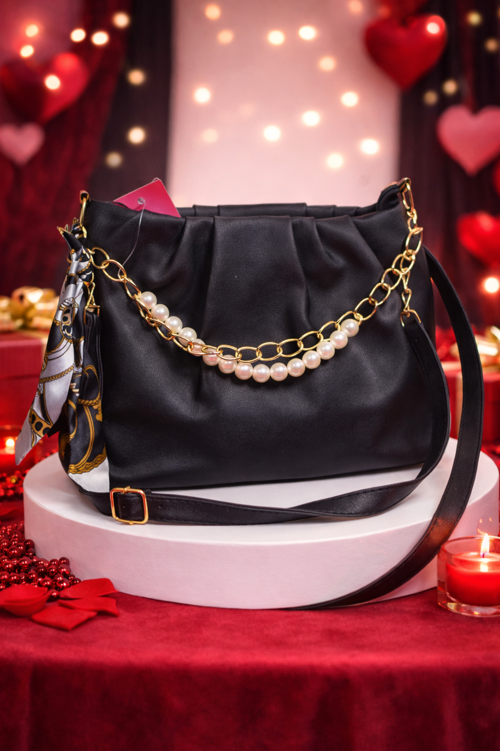 Elegant Black Handbag with Gold & Pearl Chain Strap for Women