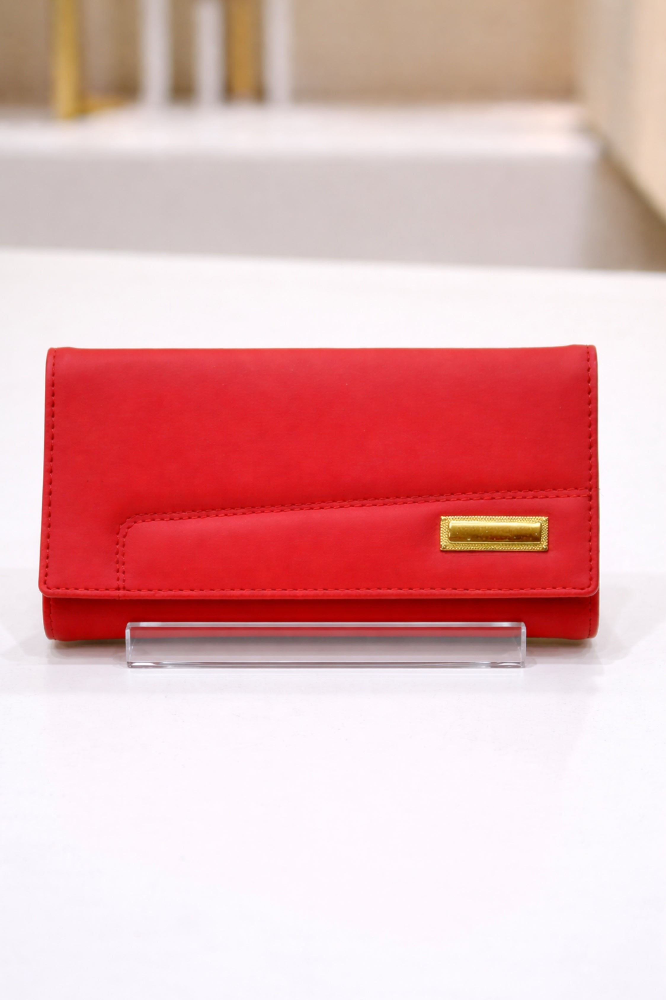 Women Red Faux Leather Flap Wallet with Gold-Toned Hardware