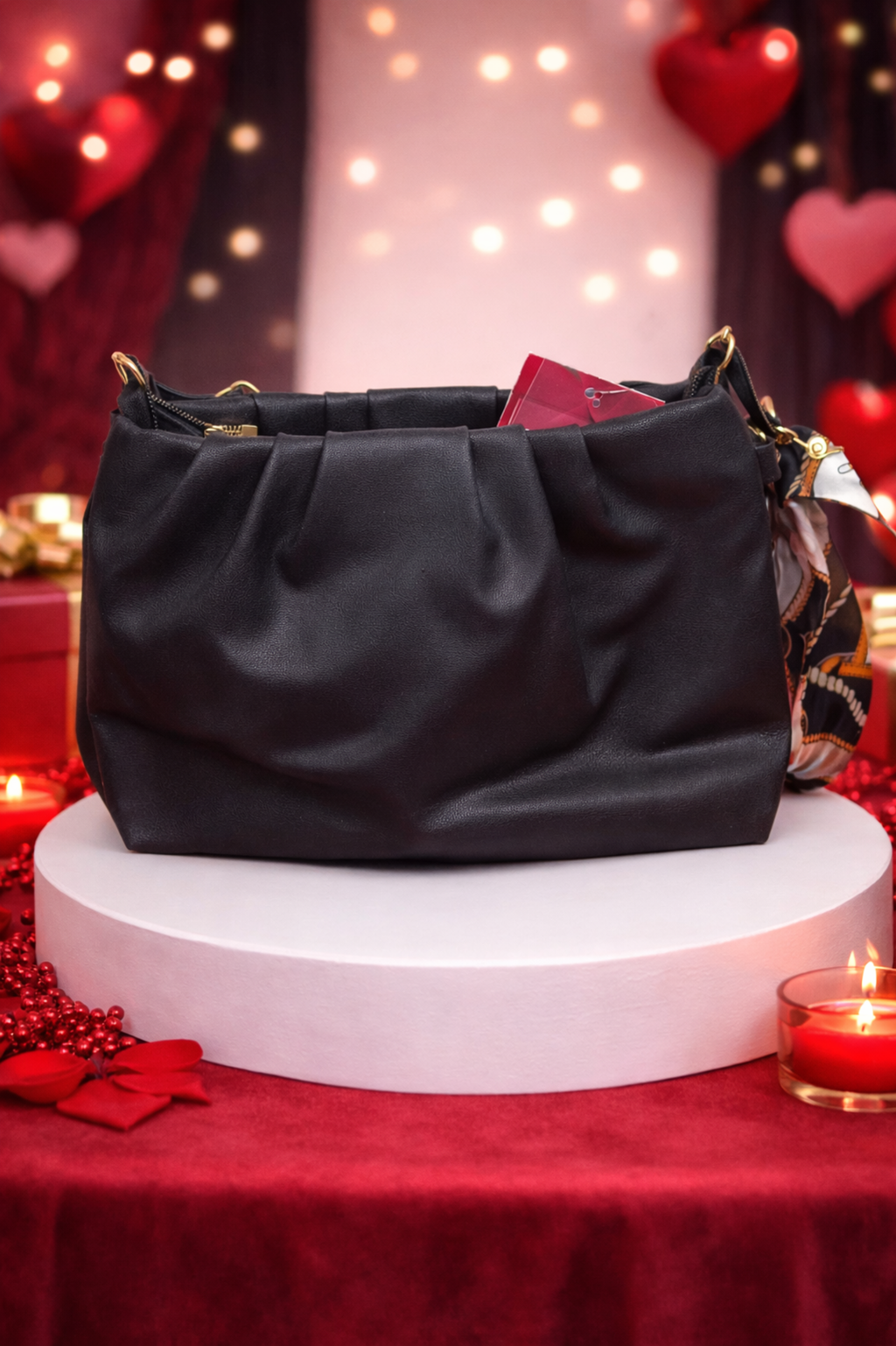 Elegant Black Handbag with Gold & Pearl Chain Strap for Women