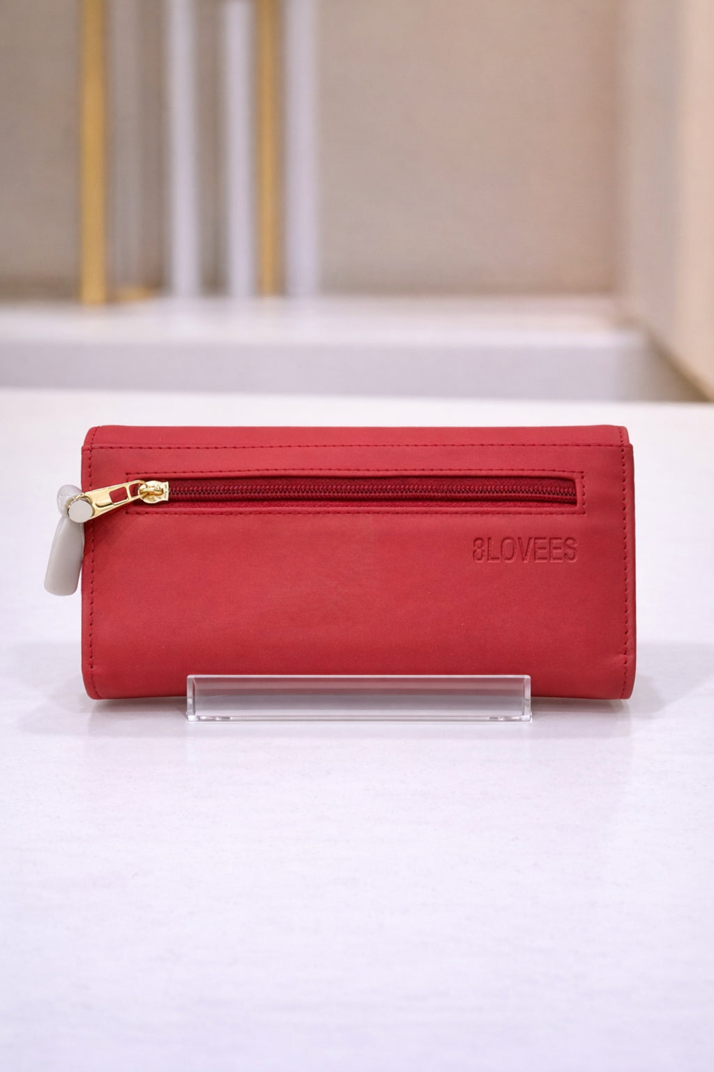 Women Red Faux Leather Flap Wallet with Gold-Toned Hardware