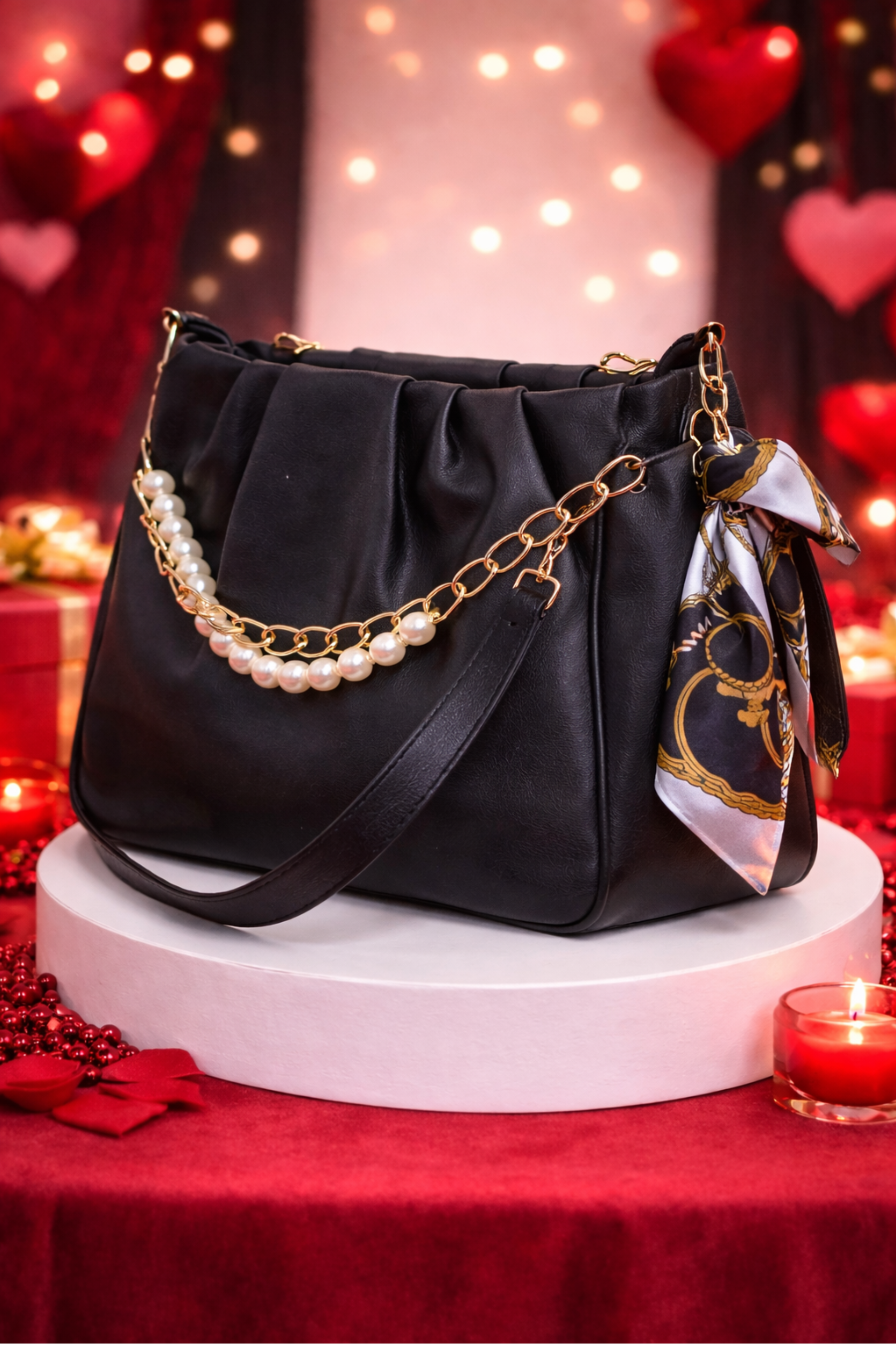 Elegant Black Handbag with Gold & Pearl Chain Strap for Women