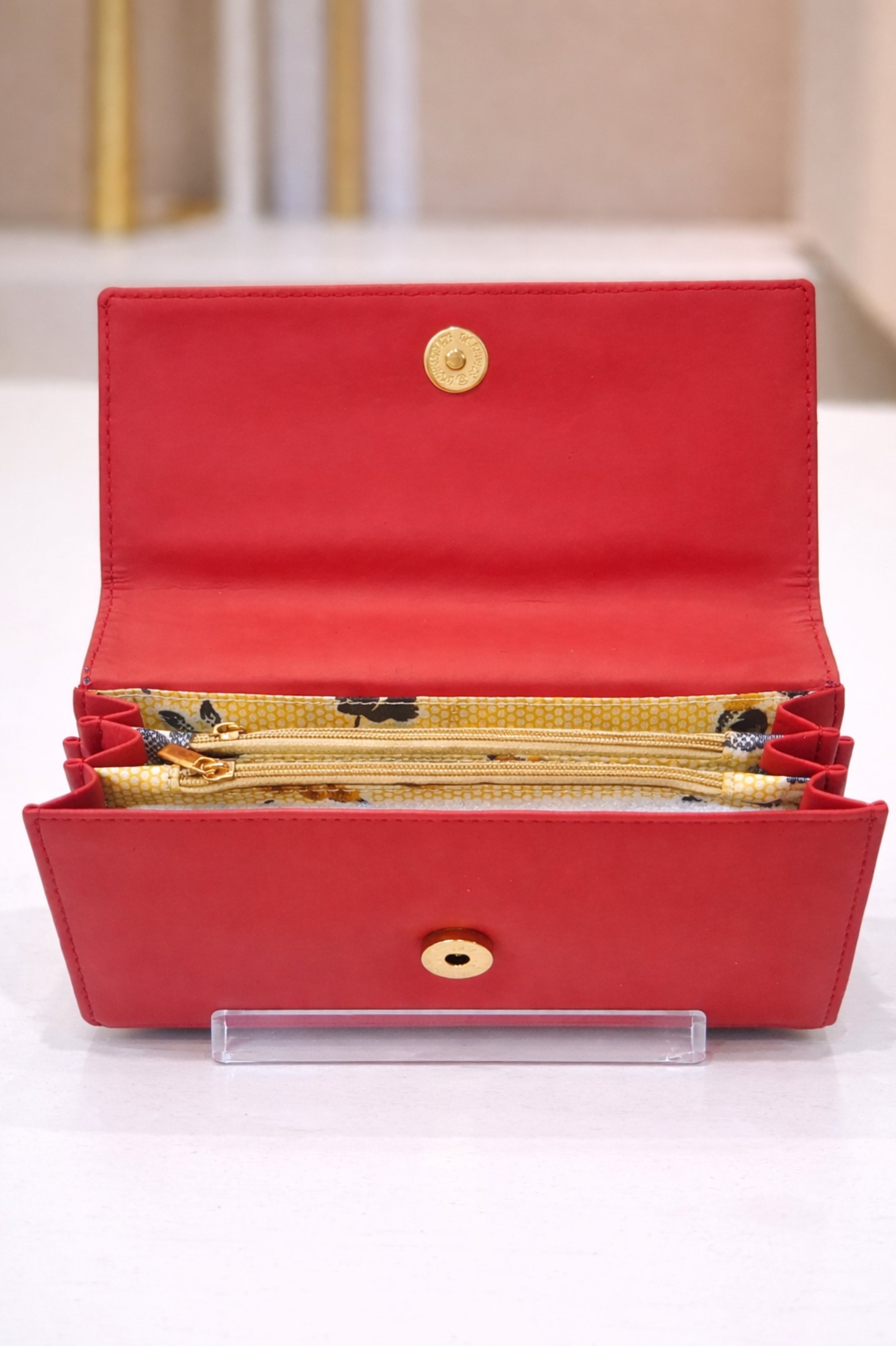 Women Red Faux Leather Flap Wallet with Gold-Toned Hardware