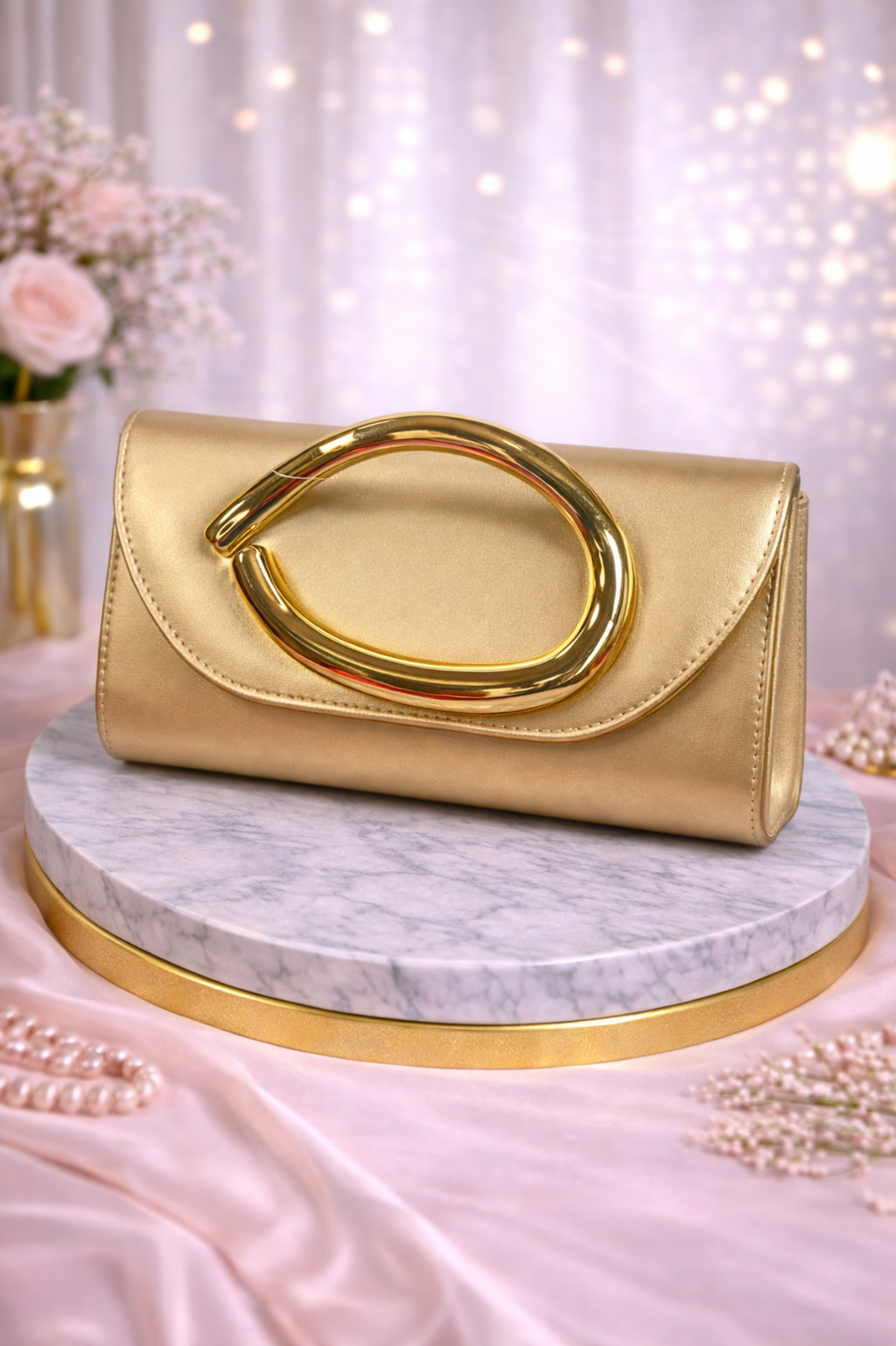 Elegant Golden Evening Clutch with Statement Metal Ring Handle
