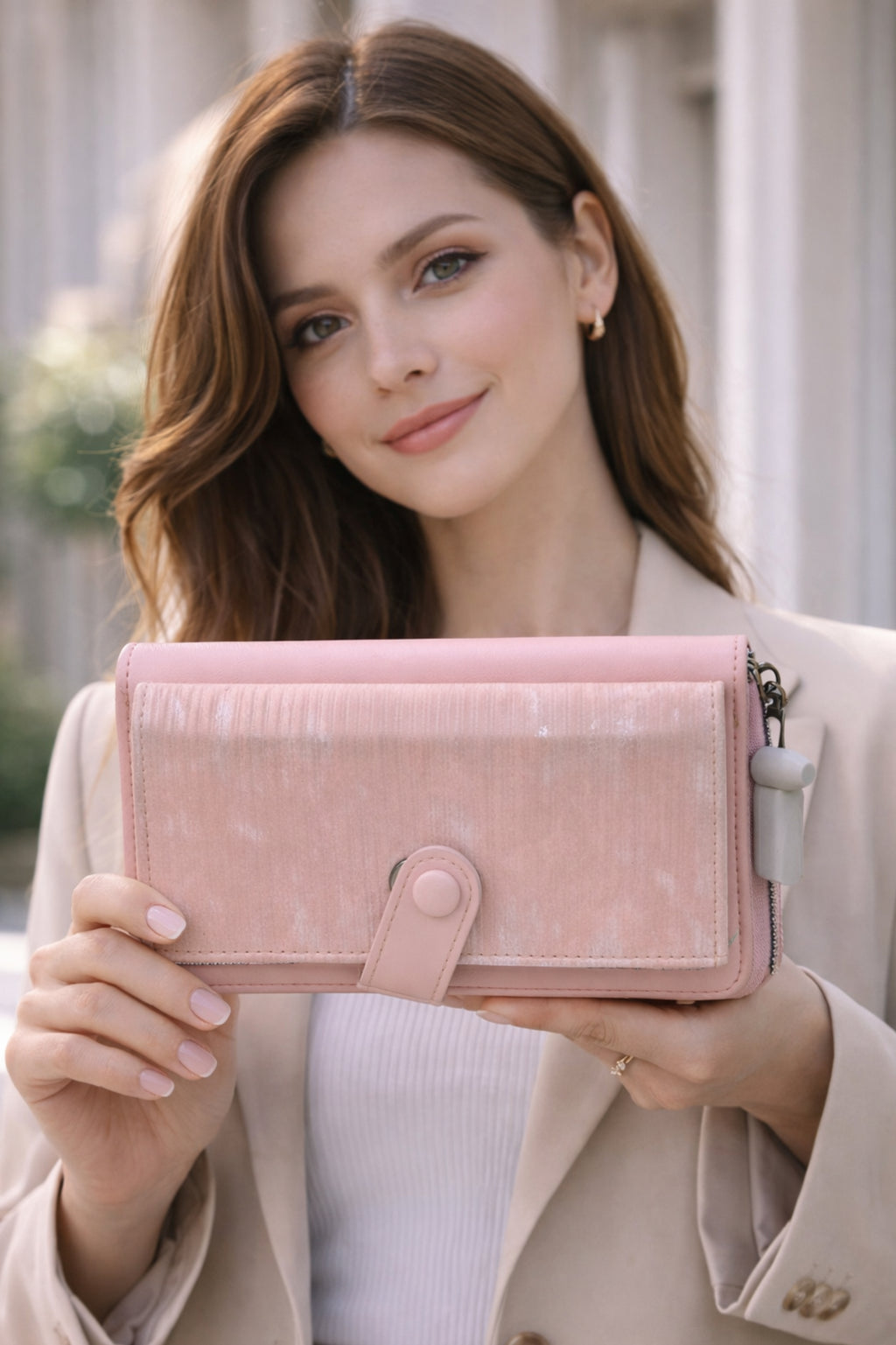 Women Blush Pink Textured Flap Wallet with Snap Button Closure