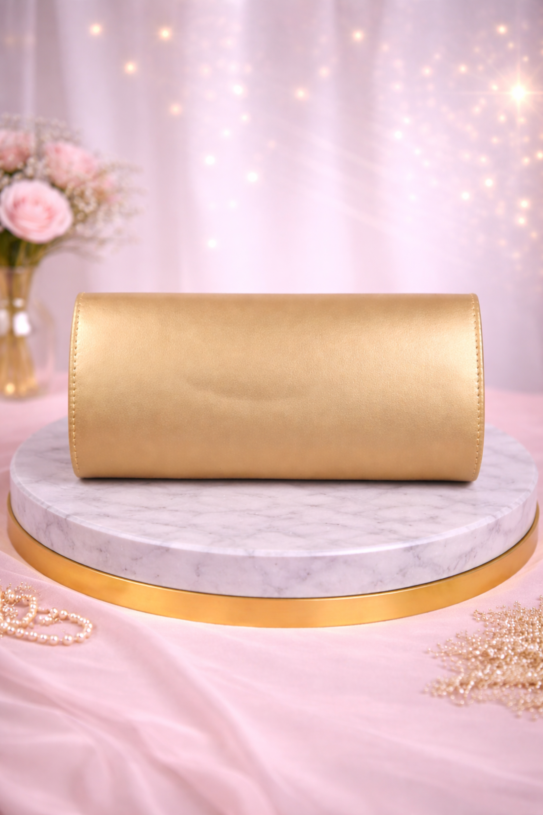 Elegant Golden Evening Clutch with Statement Metal Ring Handle
