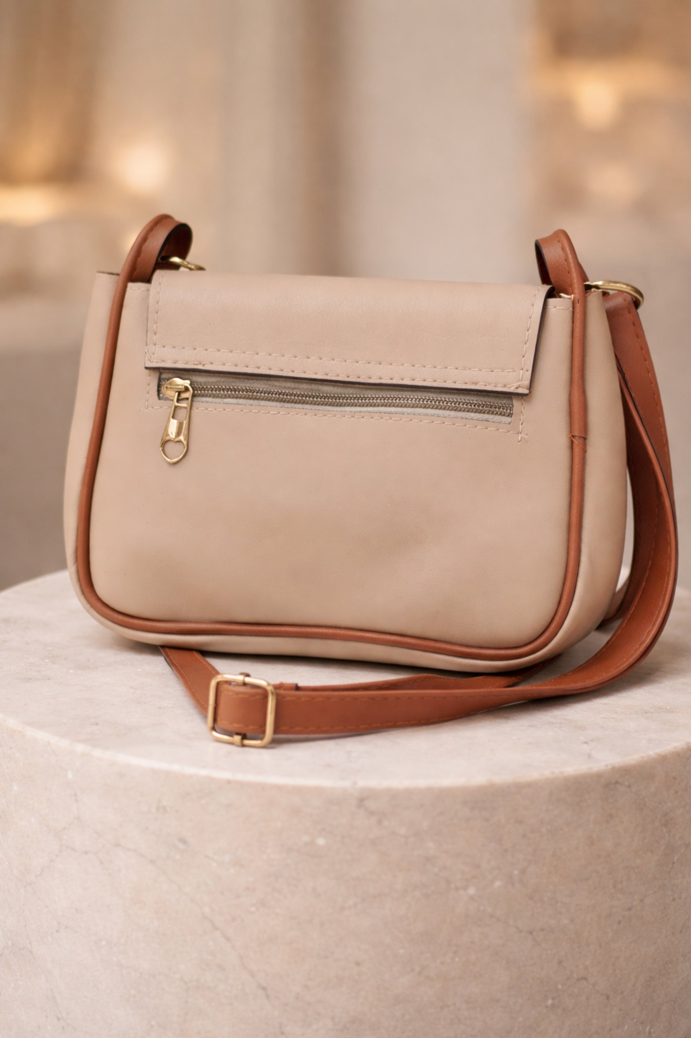 Women Beige Flap Closure Shoulder Sling Bag