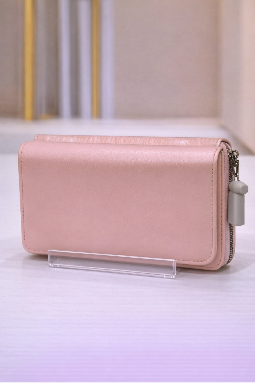 Women Blush Pink Textured Flap Wallet with Snap Button Closure