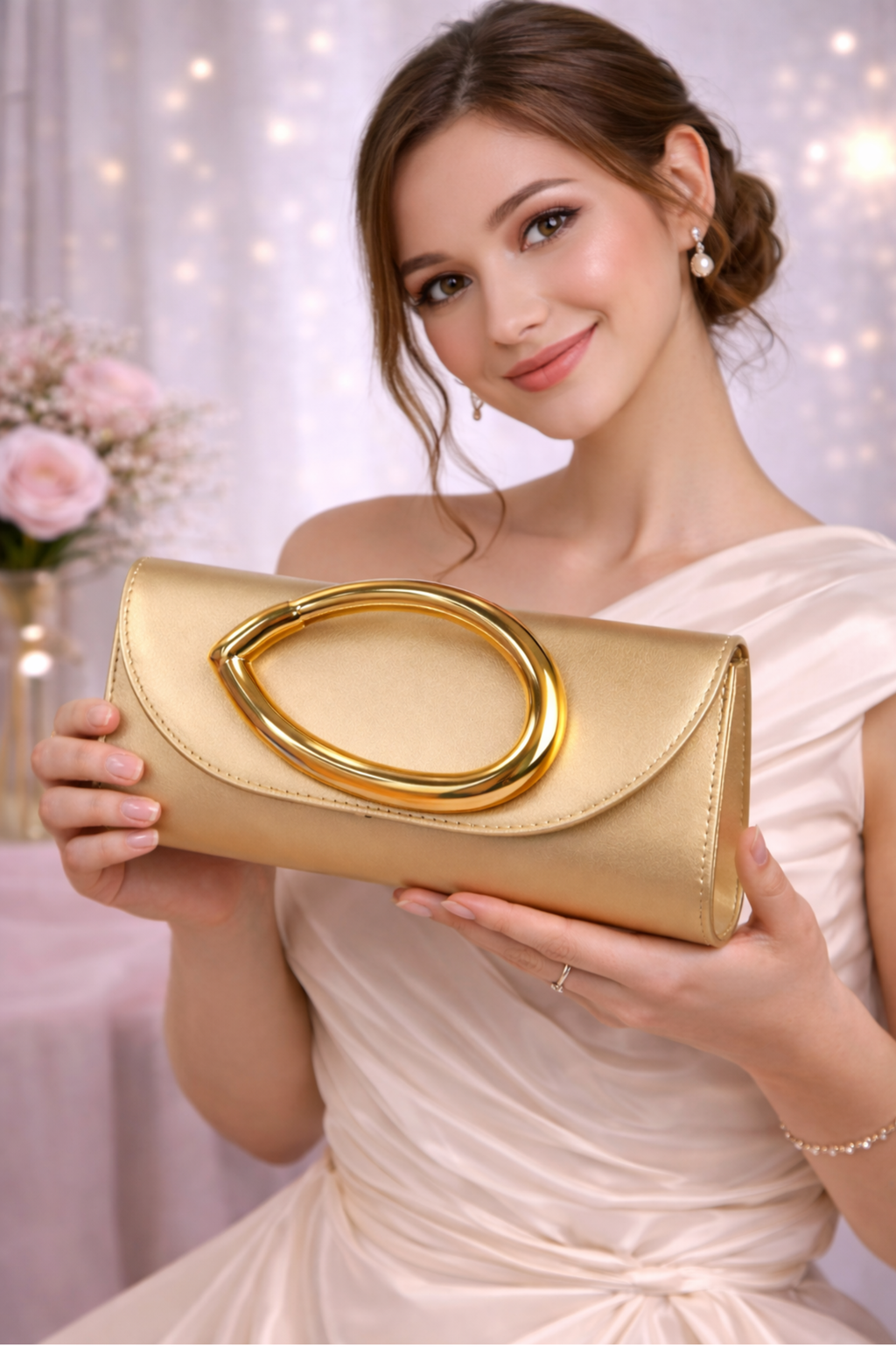 Elegant Golden Evening Clutch with Statement Metal Ring Handle