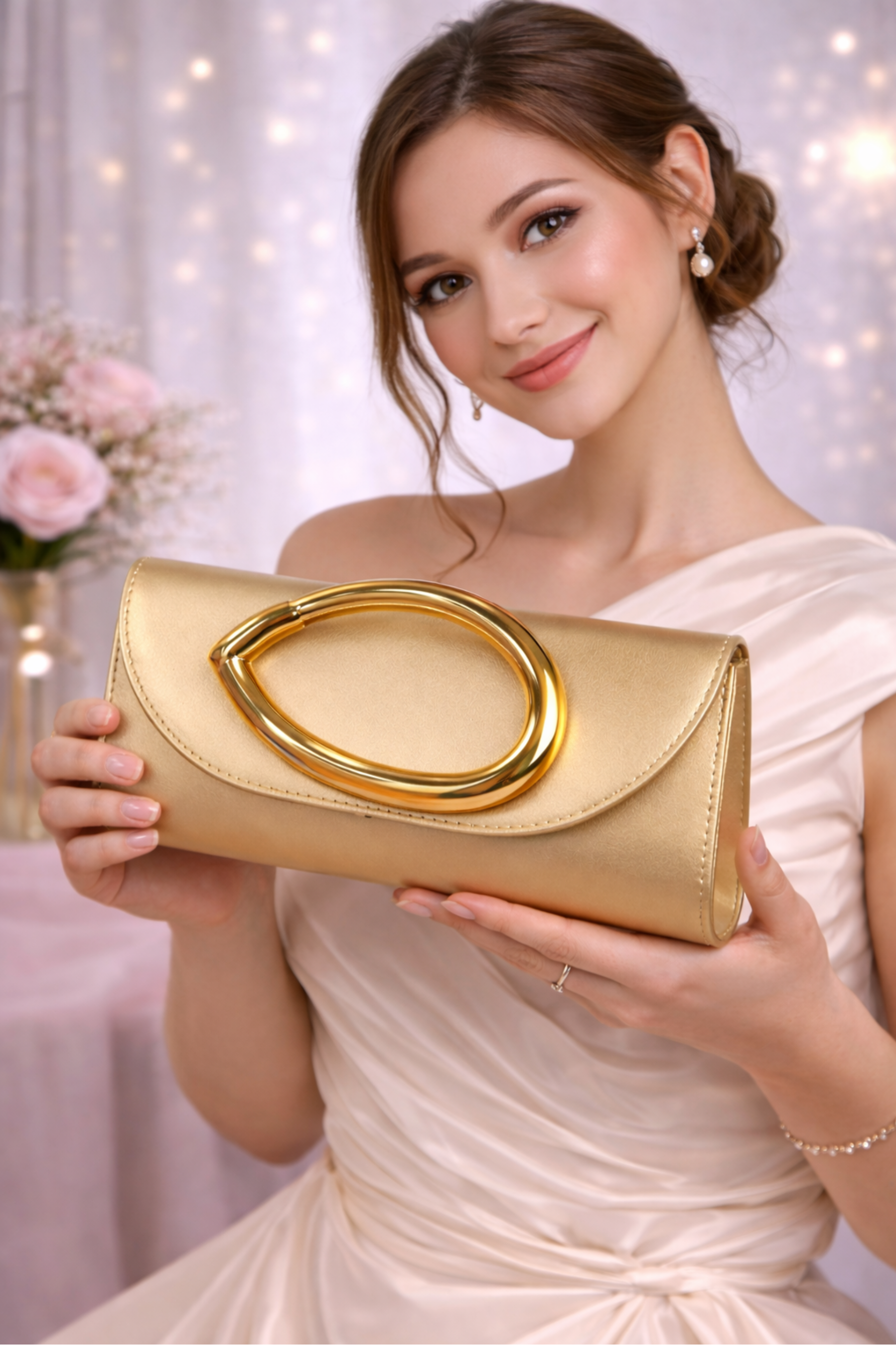 Elegant Golden Evening Clutch with Statement Metal Ring Handle