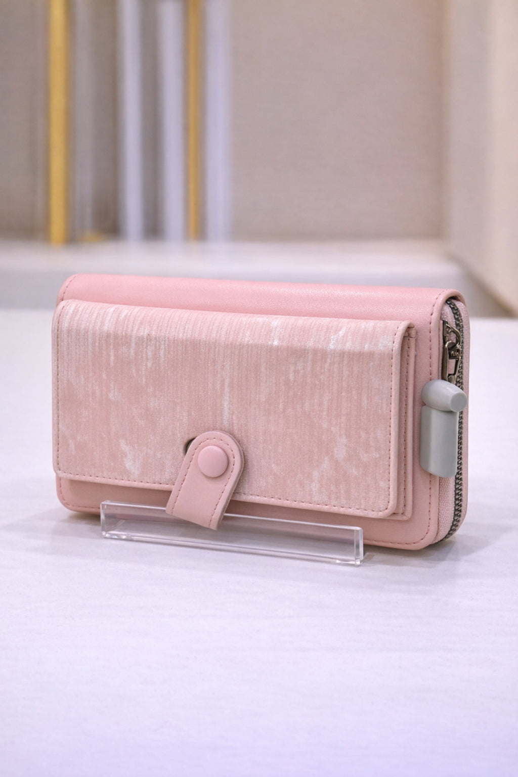 Women Blush Pink Textured Flap Wallet with Snap Button Closure
