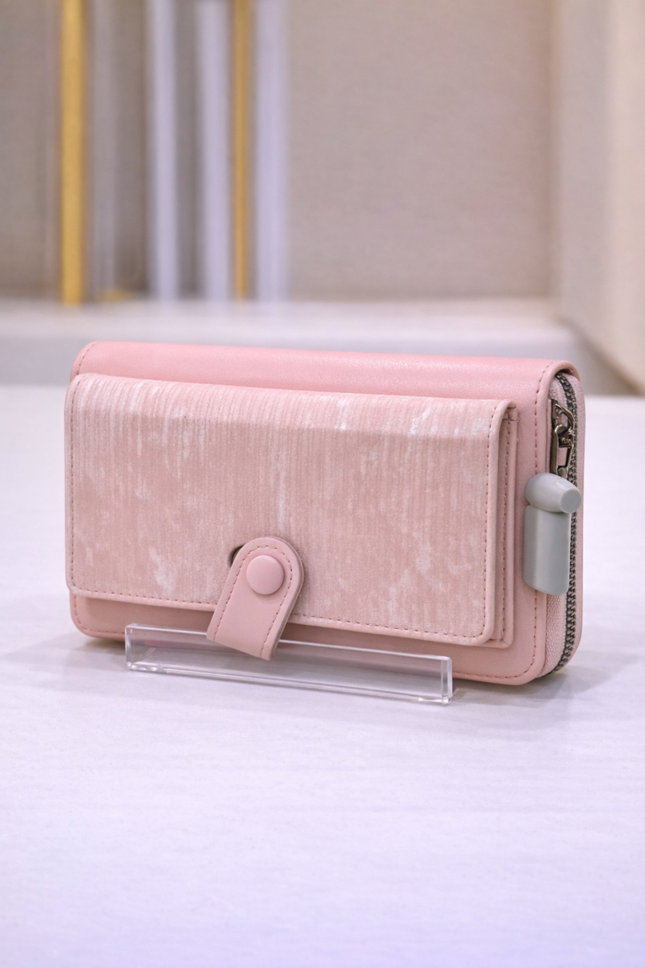 Women Blush Pink Textured Flap Wallet with Snap Button Closure