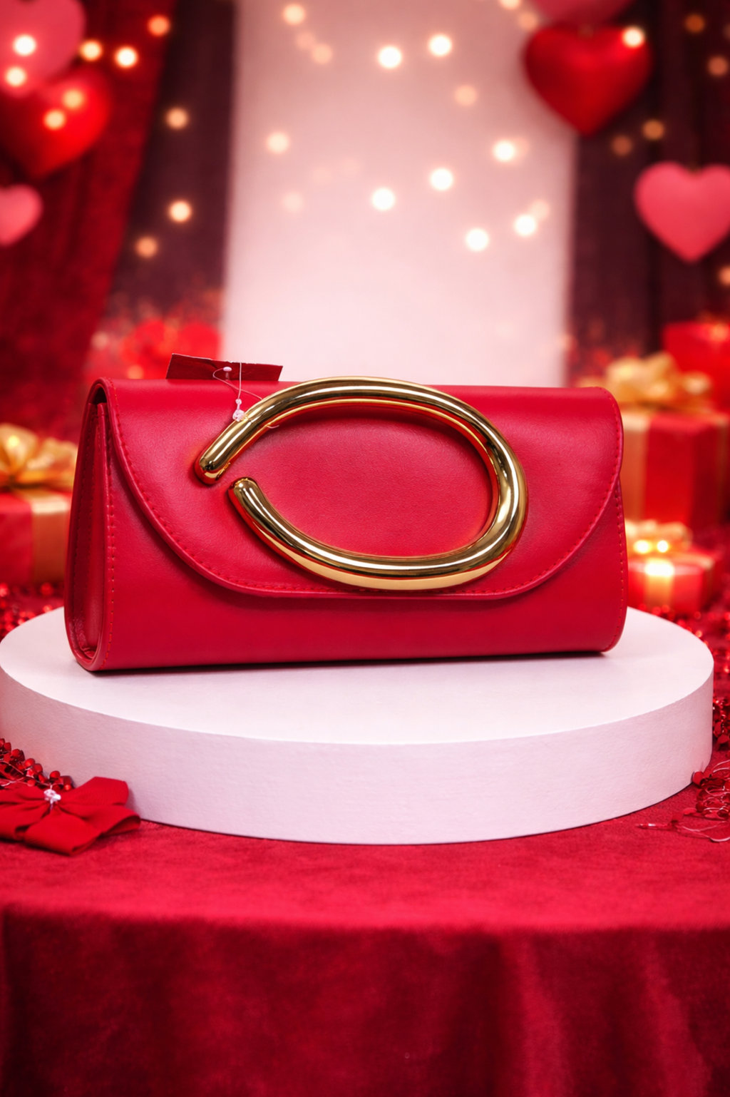 Elegant Red Evening Clutch with Statement Metal Ring Handle