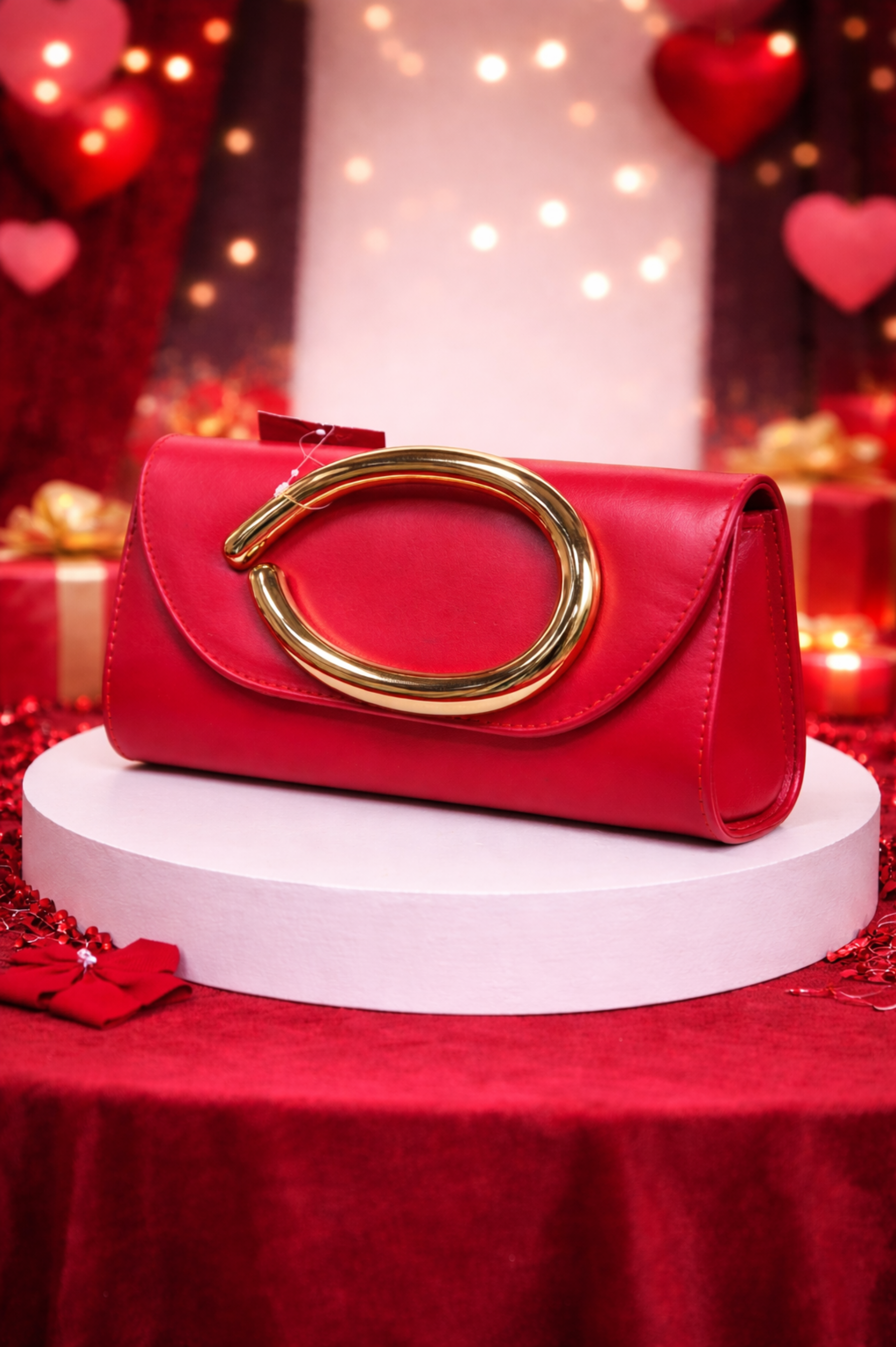 Elegant Red Evening Clutch with Statement Metal Ring Handle