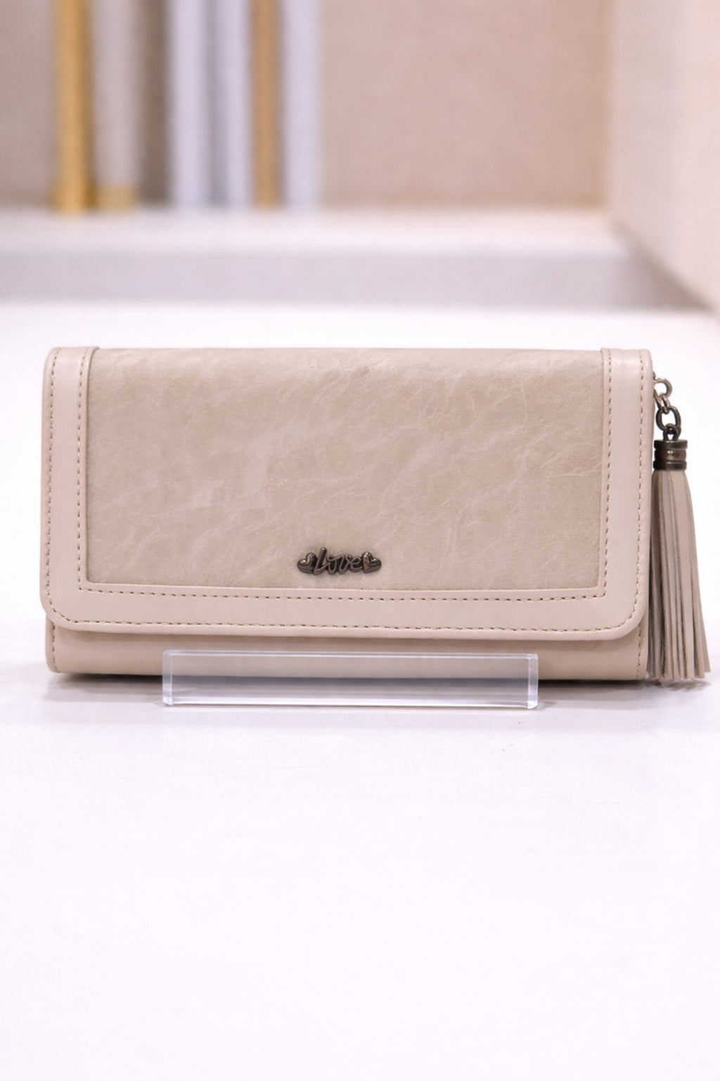 Women Beige Textured Flap Wallet with Tassel Detail