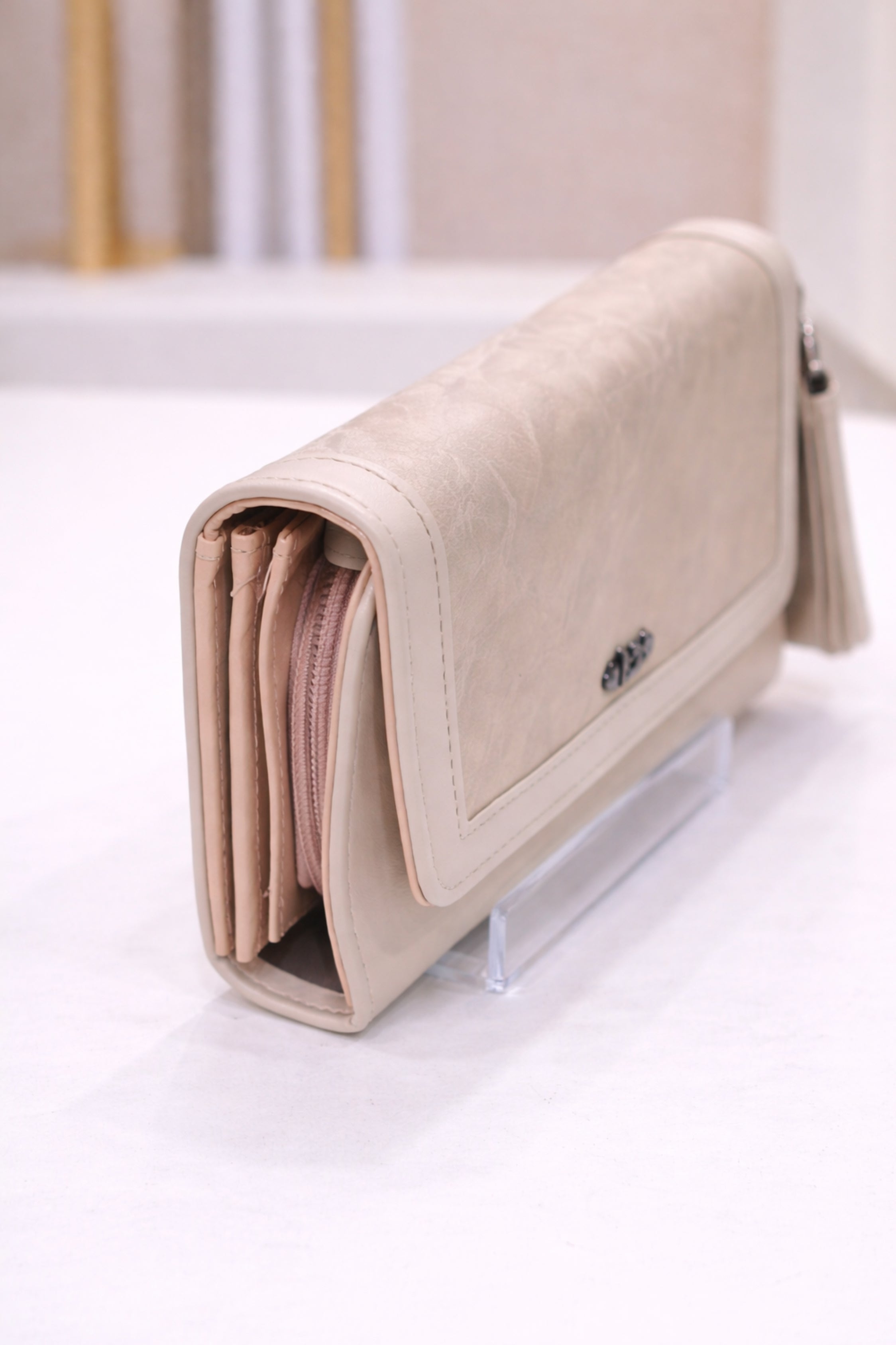Women Beige Textured Flap Wallet with Tassel Detail