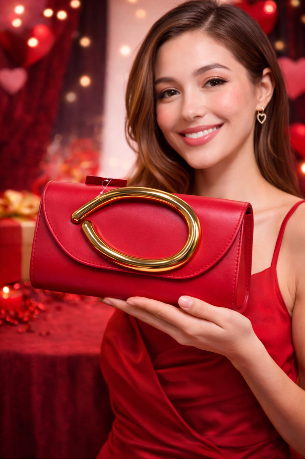 Elegant Red Evening Clutch with Statement Metal Ring Handle