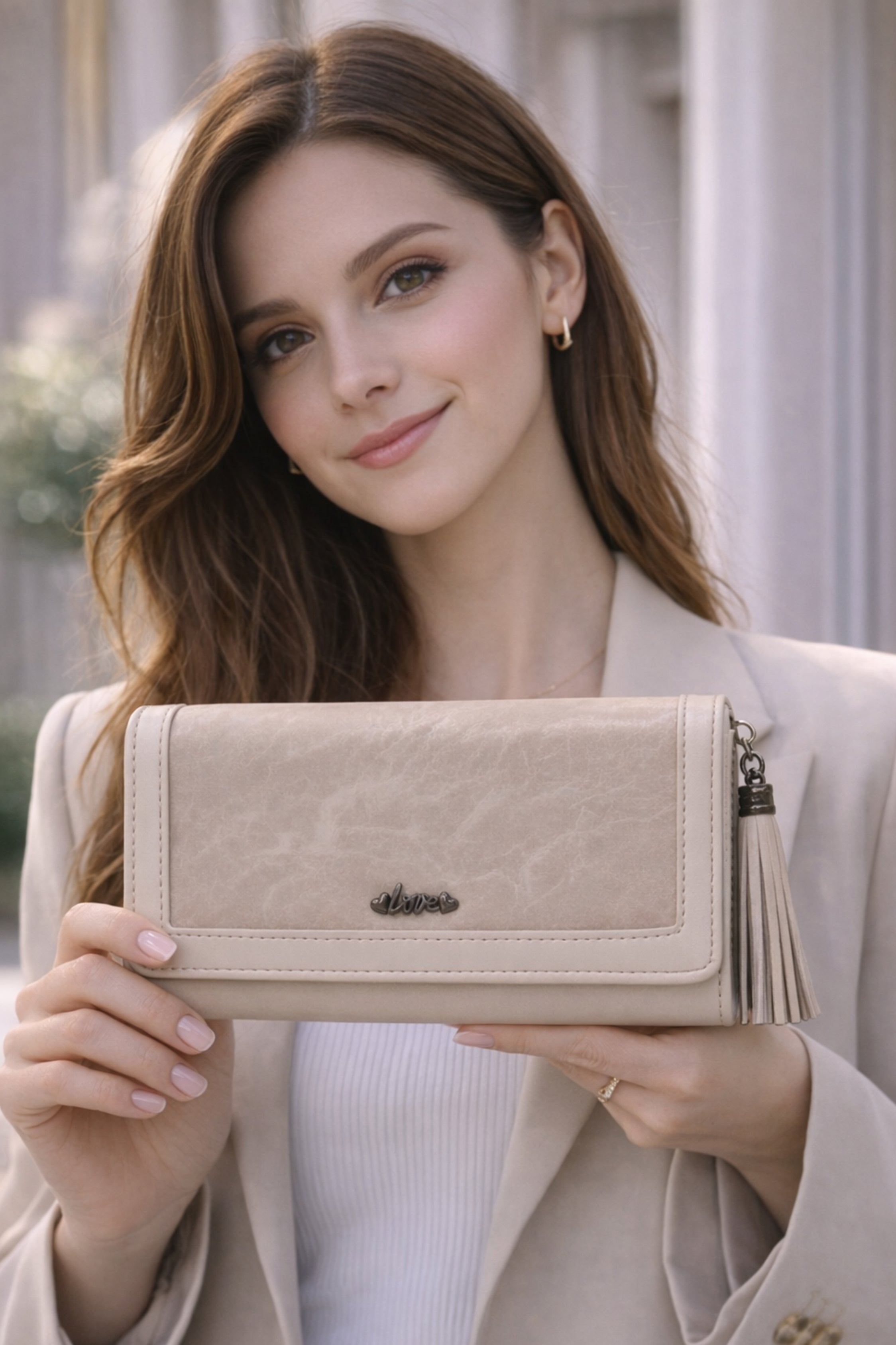 Women Beige Textured Flap Wallet with Tassel Detail