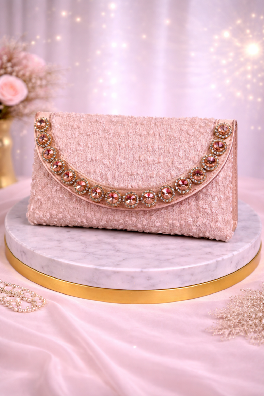 Luxury Rose Gold Stone Studded Party Clutch for Women