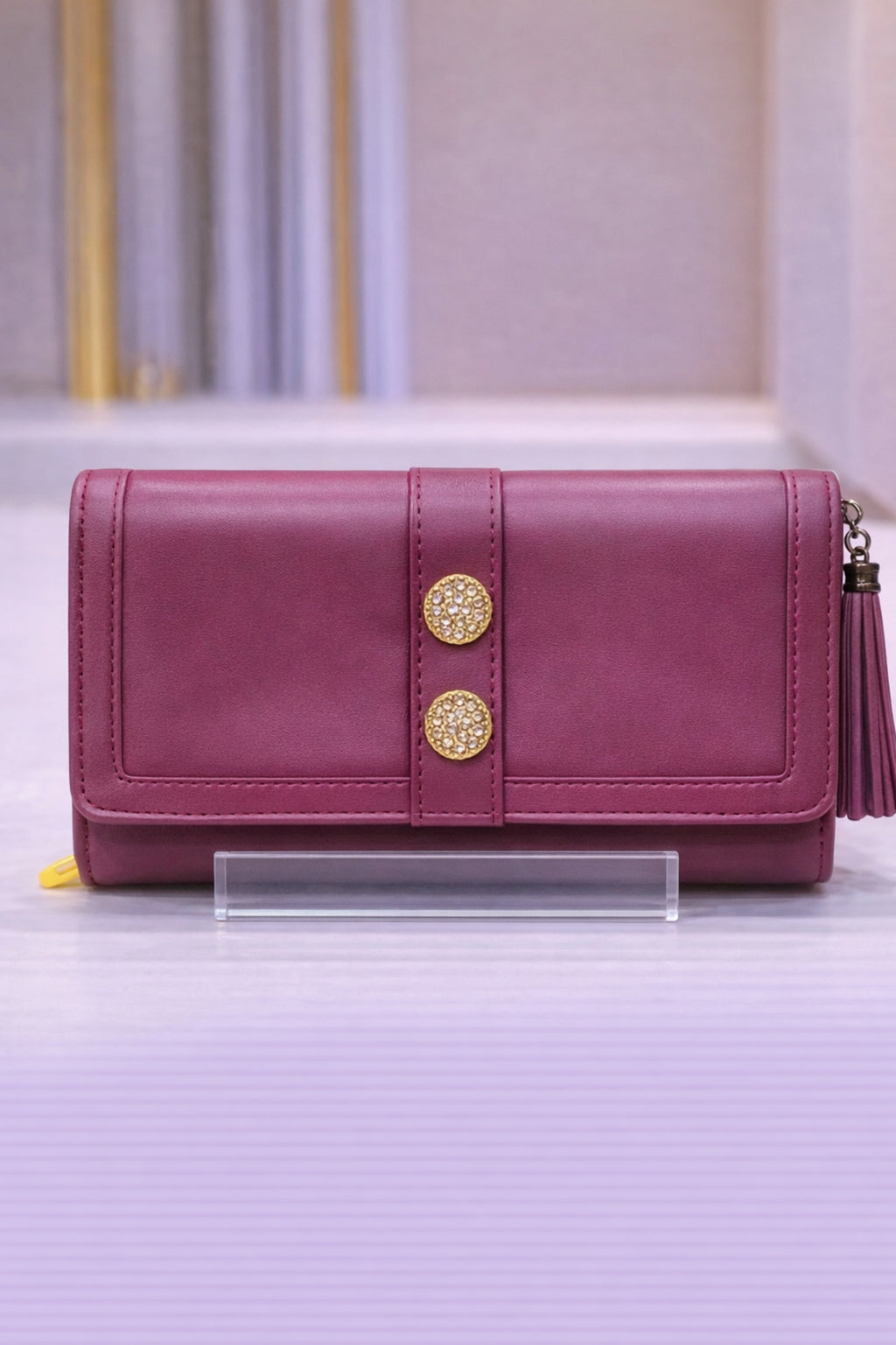 Women Maroon Structured Flap Wallet with Gold-Toned Button Detail