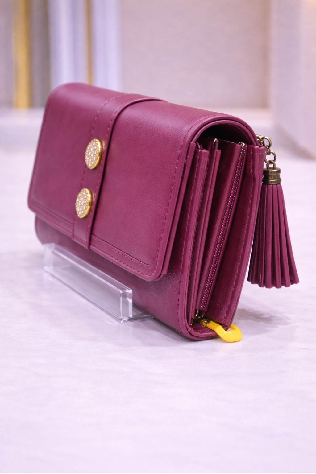 Women Maroon Structured Flap Wallet with Gold-Toned Button Detail