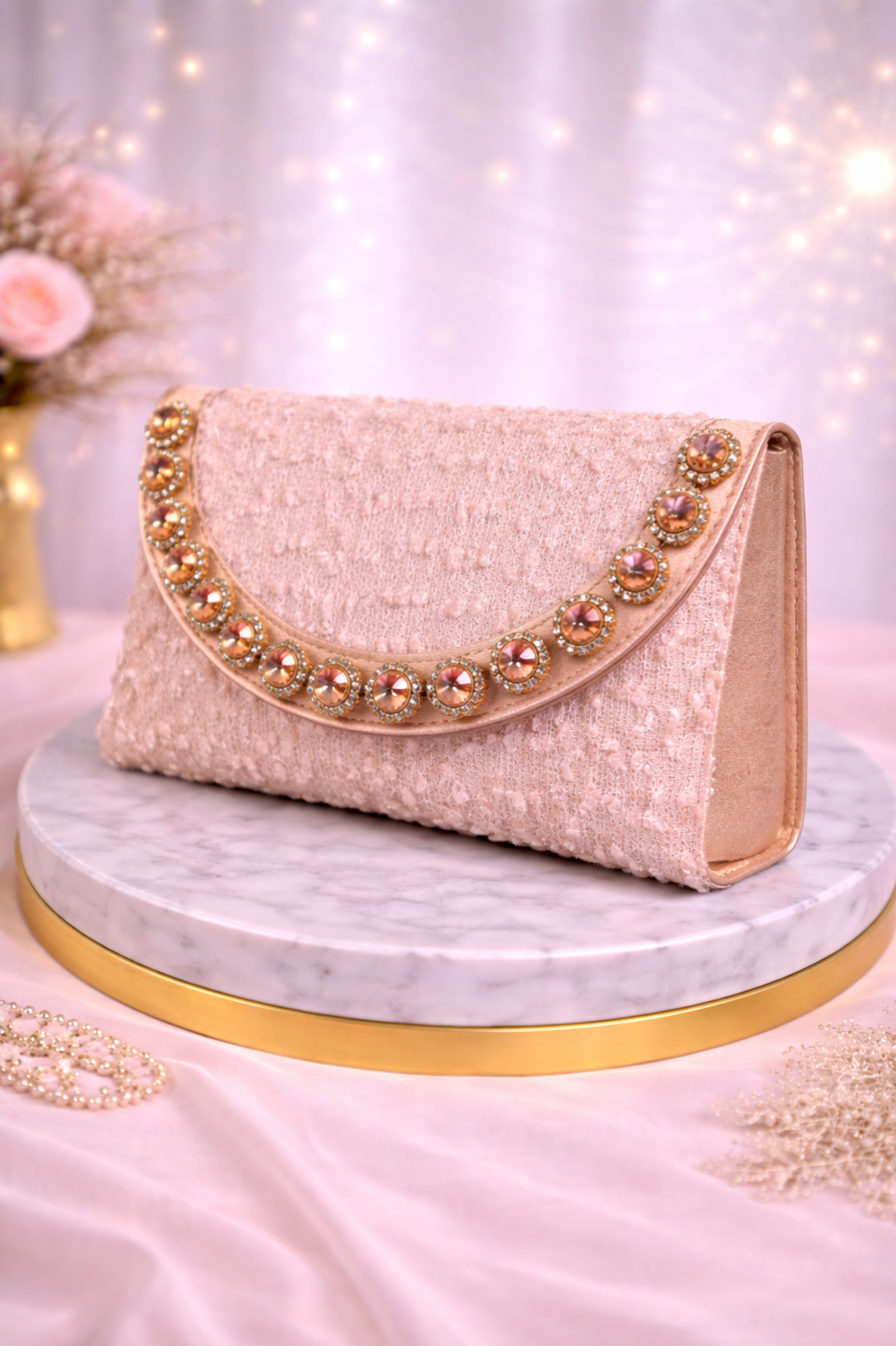 Luxury Rose Gold Stone Studded Party Clutch for Women