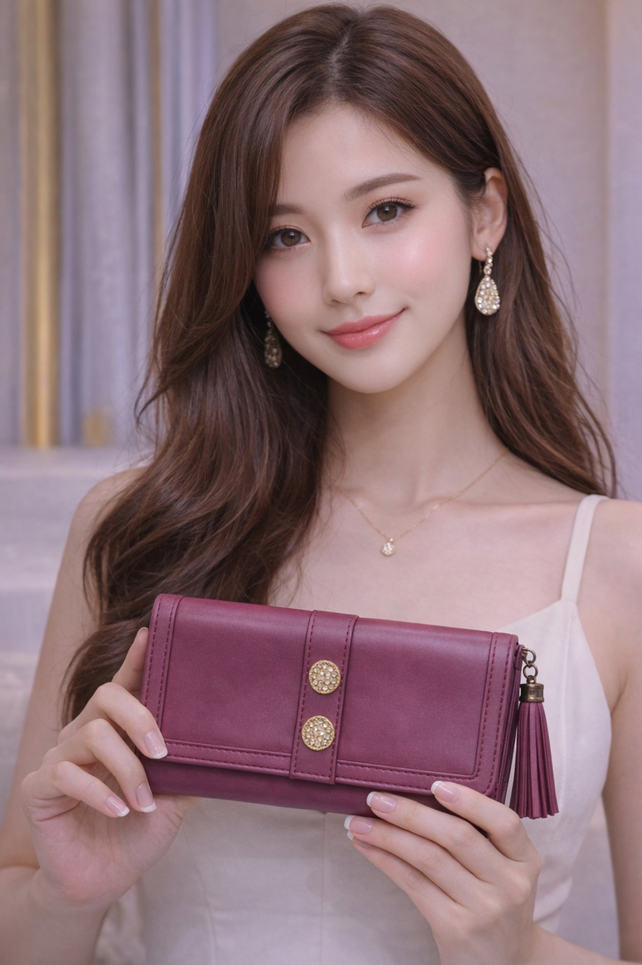 Women Maroon Structured Flap Wallet with Gold-Toned Button Detail