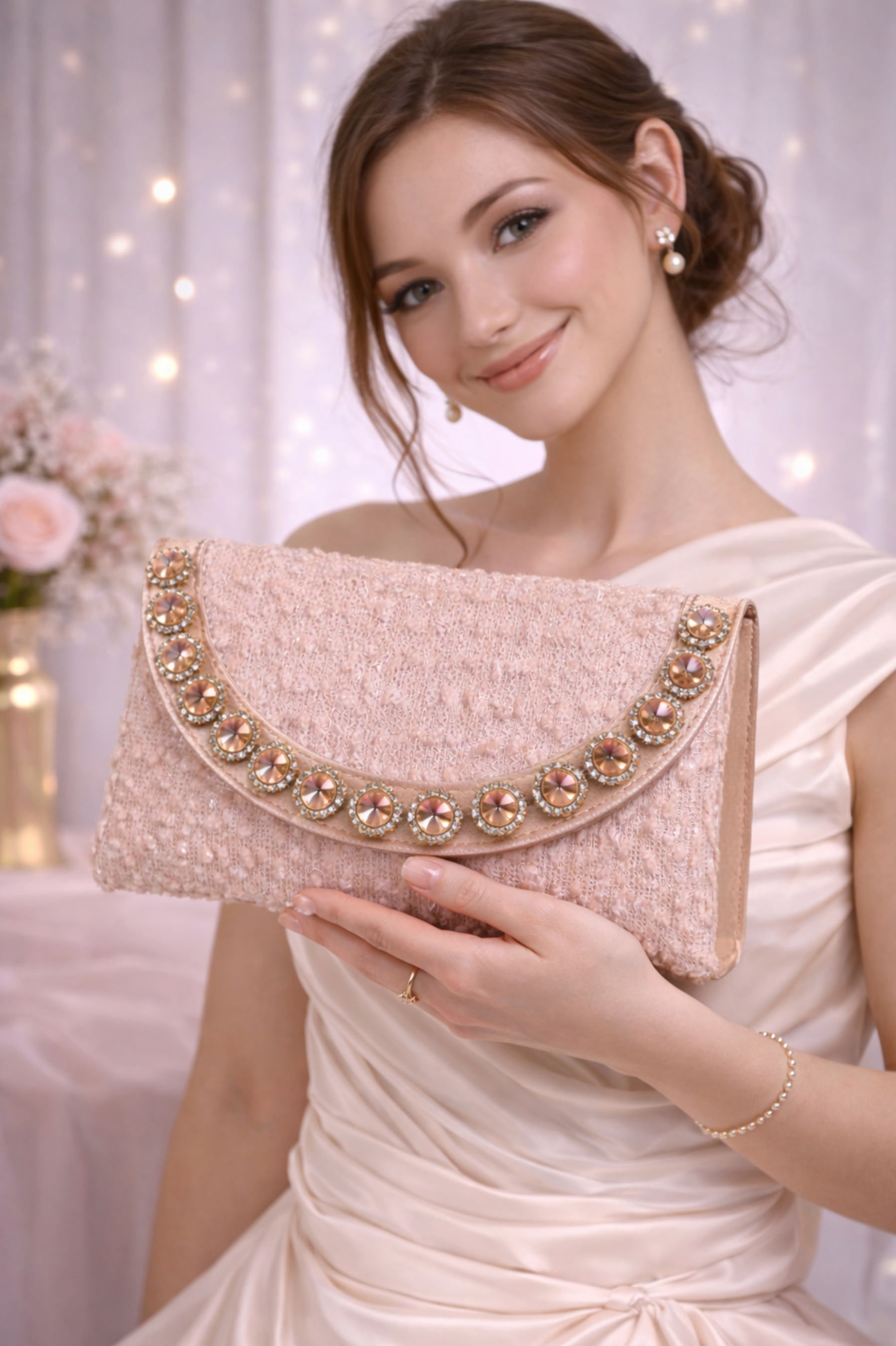 Luxury Rose Gold Stone Studded Party Clutch for Women