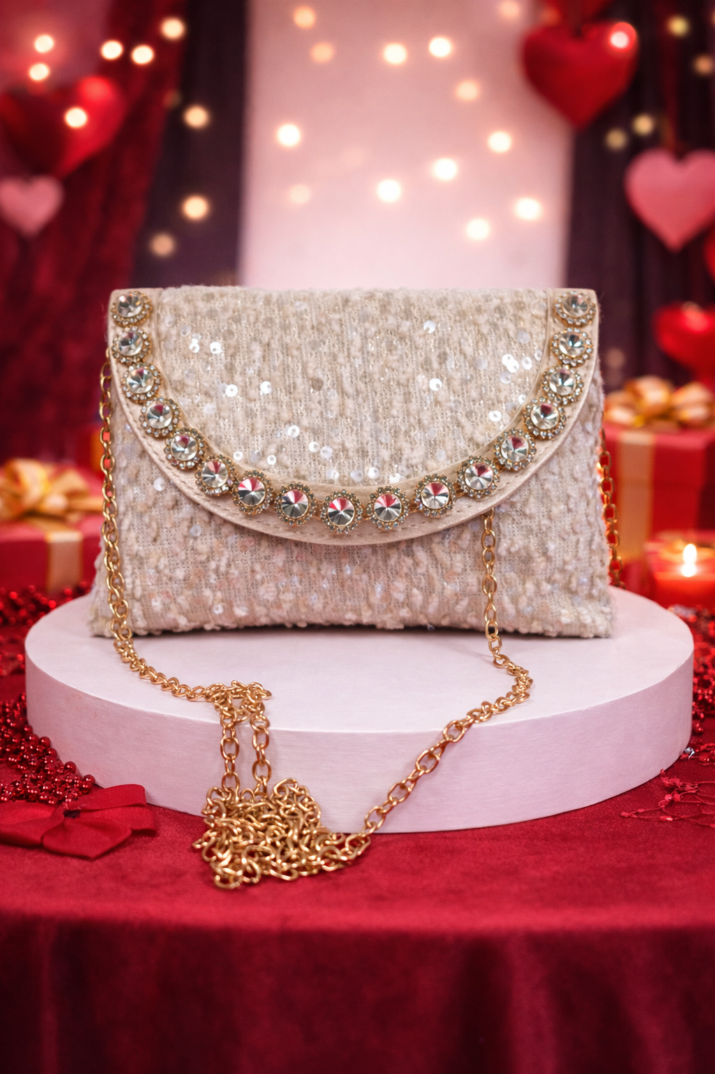 Luxury Cream Stone Studded Party Clutch with Gold Chain Strap