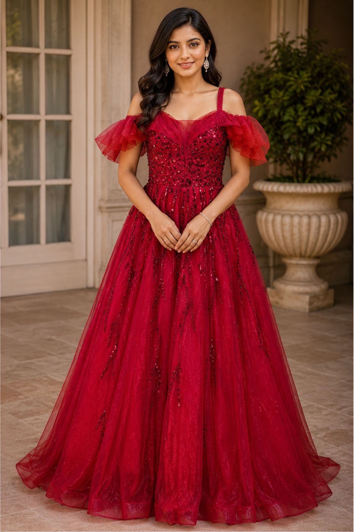 Red Sequins Embroidered Bridal Gown