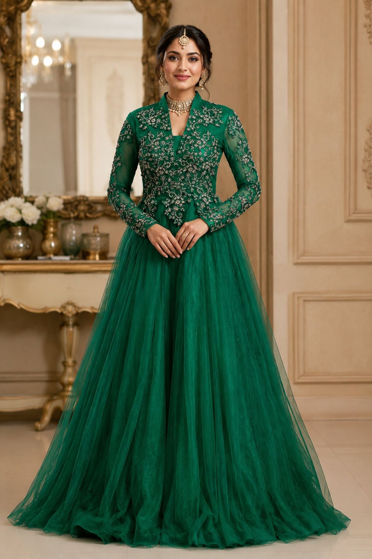 Green Sequins Embroidered Bridal Gown