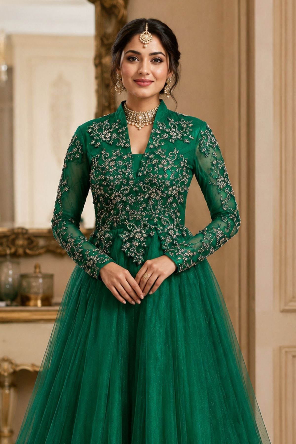 Green Sequins Embroidered Bridal Gown