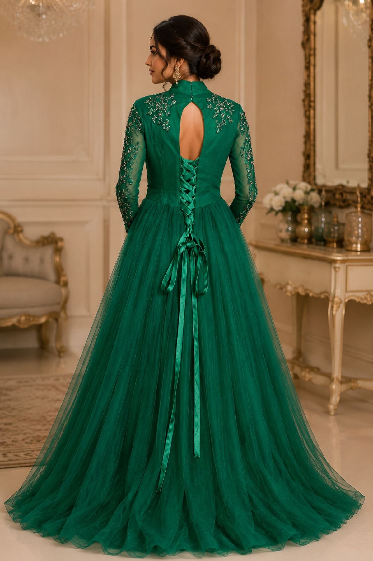 Green Sequins Embroidered Bridal Gown
